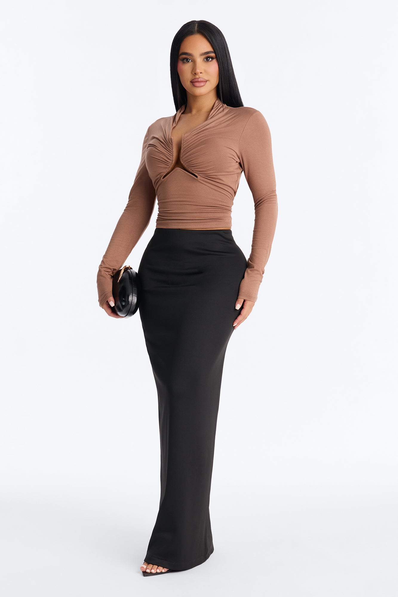 Soft Focus Ruched Long Sleeve Top - Mocha