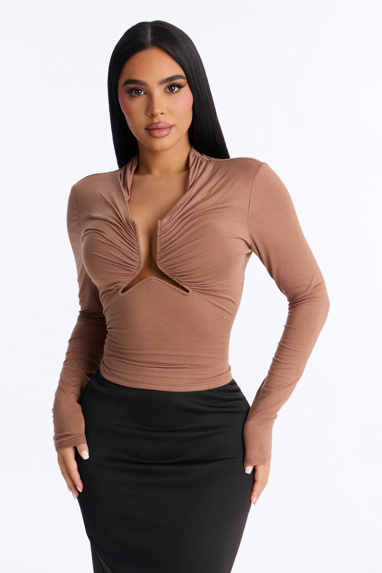 Soft Focus Ruched Long Sleeve Top - Mocha