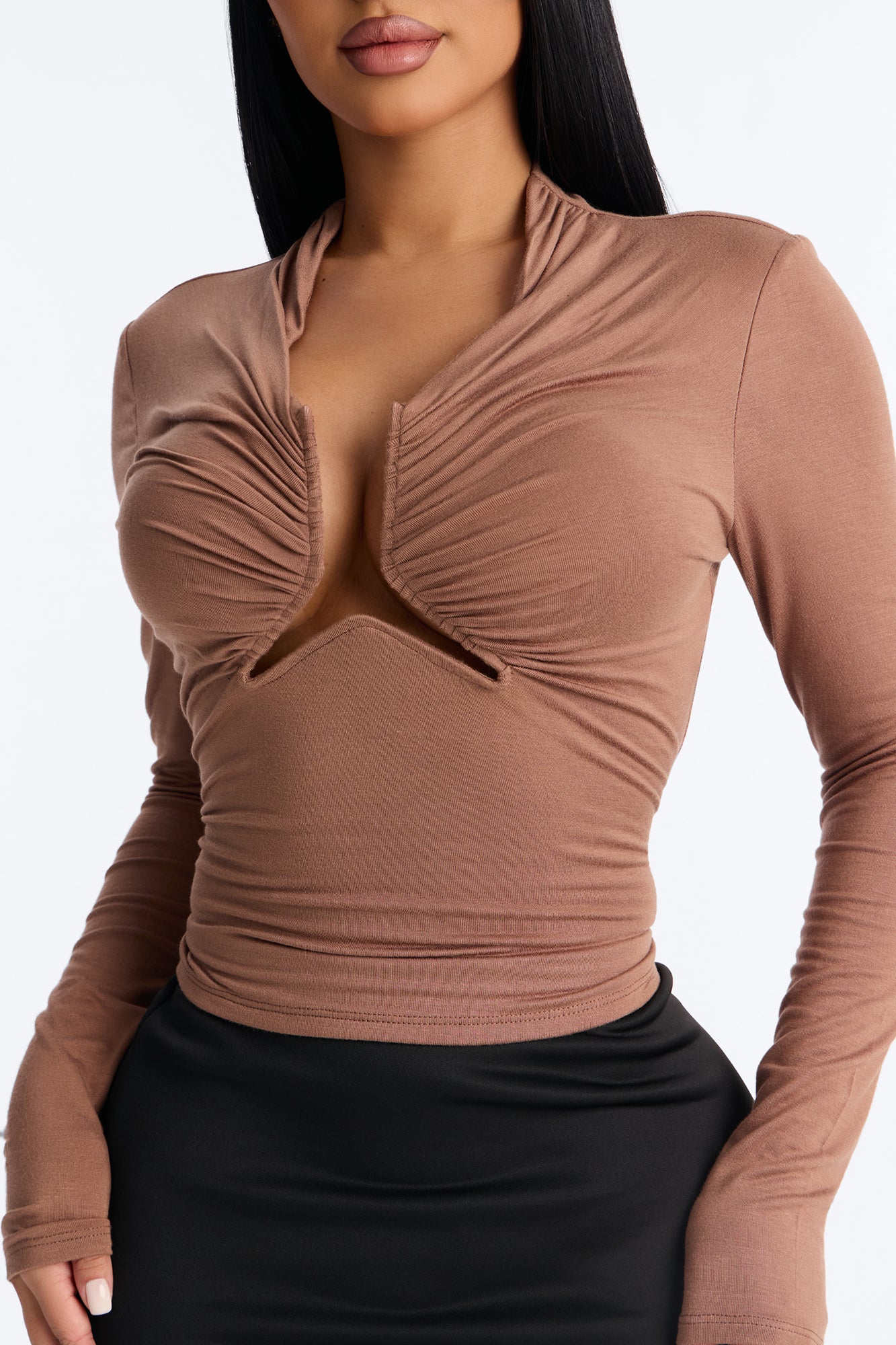 Soft Focus Ruched Long Sleeve Top - Mocha