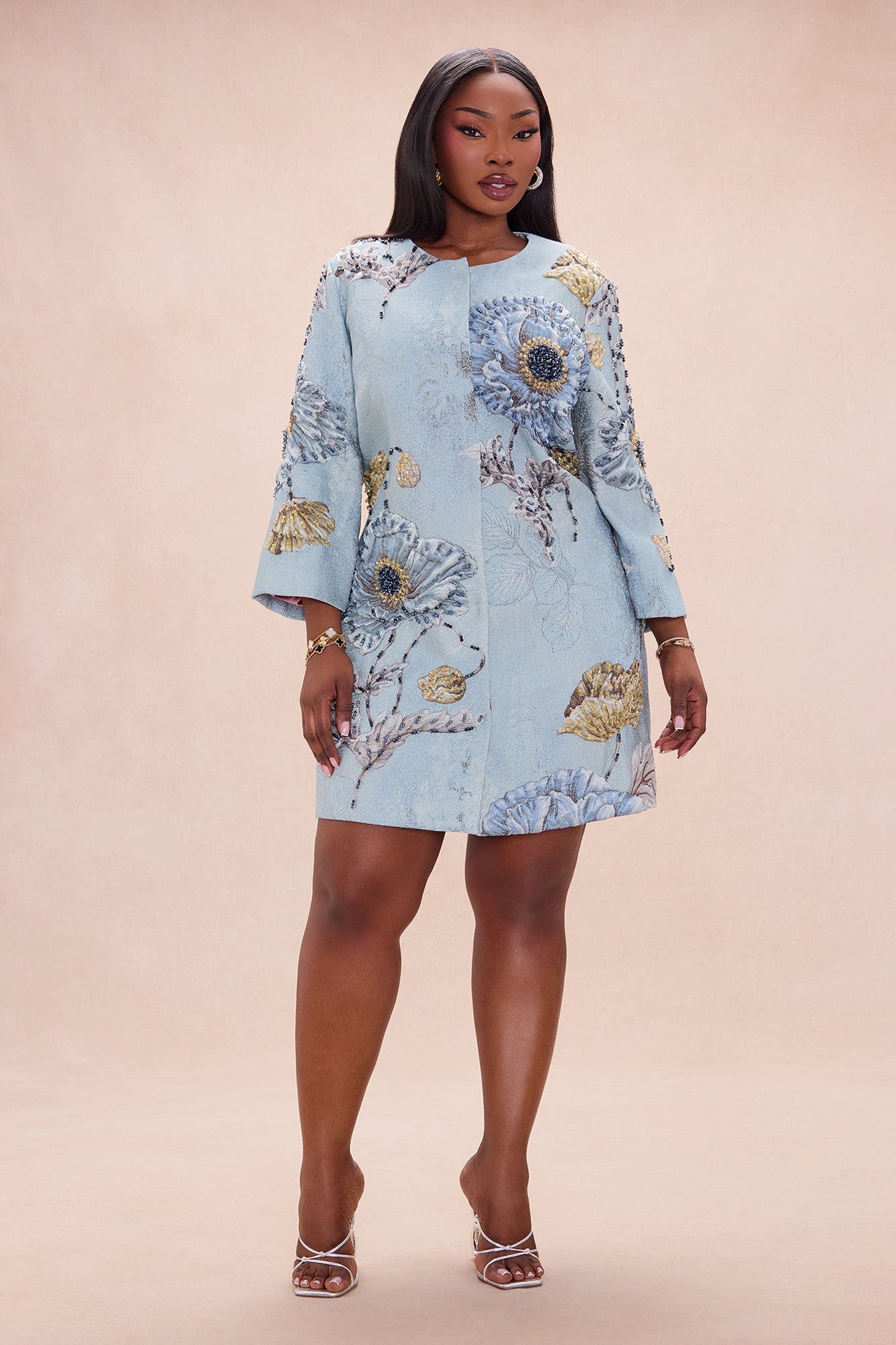 Riannon Crew Neck Embellished Jacquard Jacket - Blue
