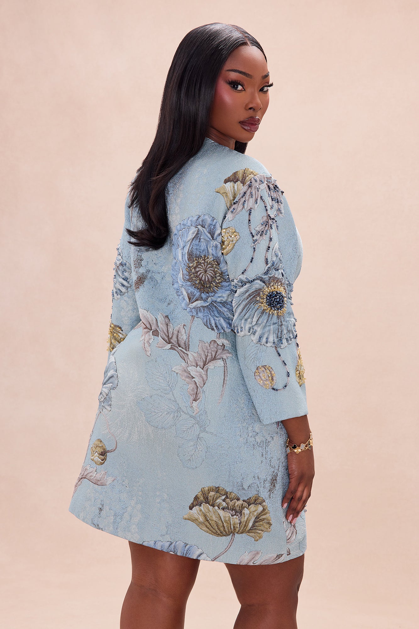 Riannon Crew Neck Embellished Jacquard Jacket - Blue