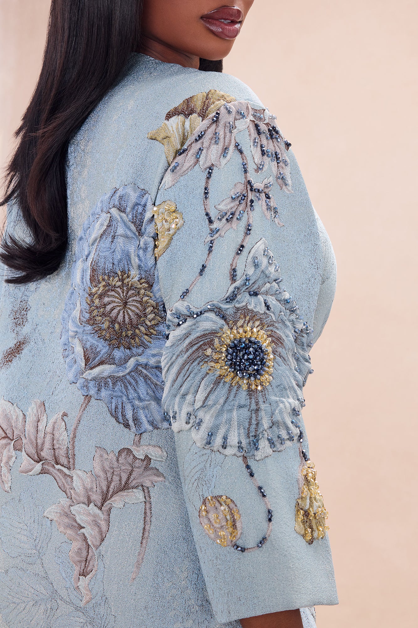 Riannon Crew Neck Embellished Jacquard Jacket - Blue