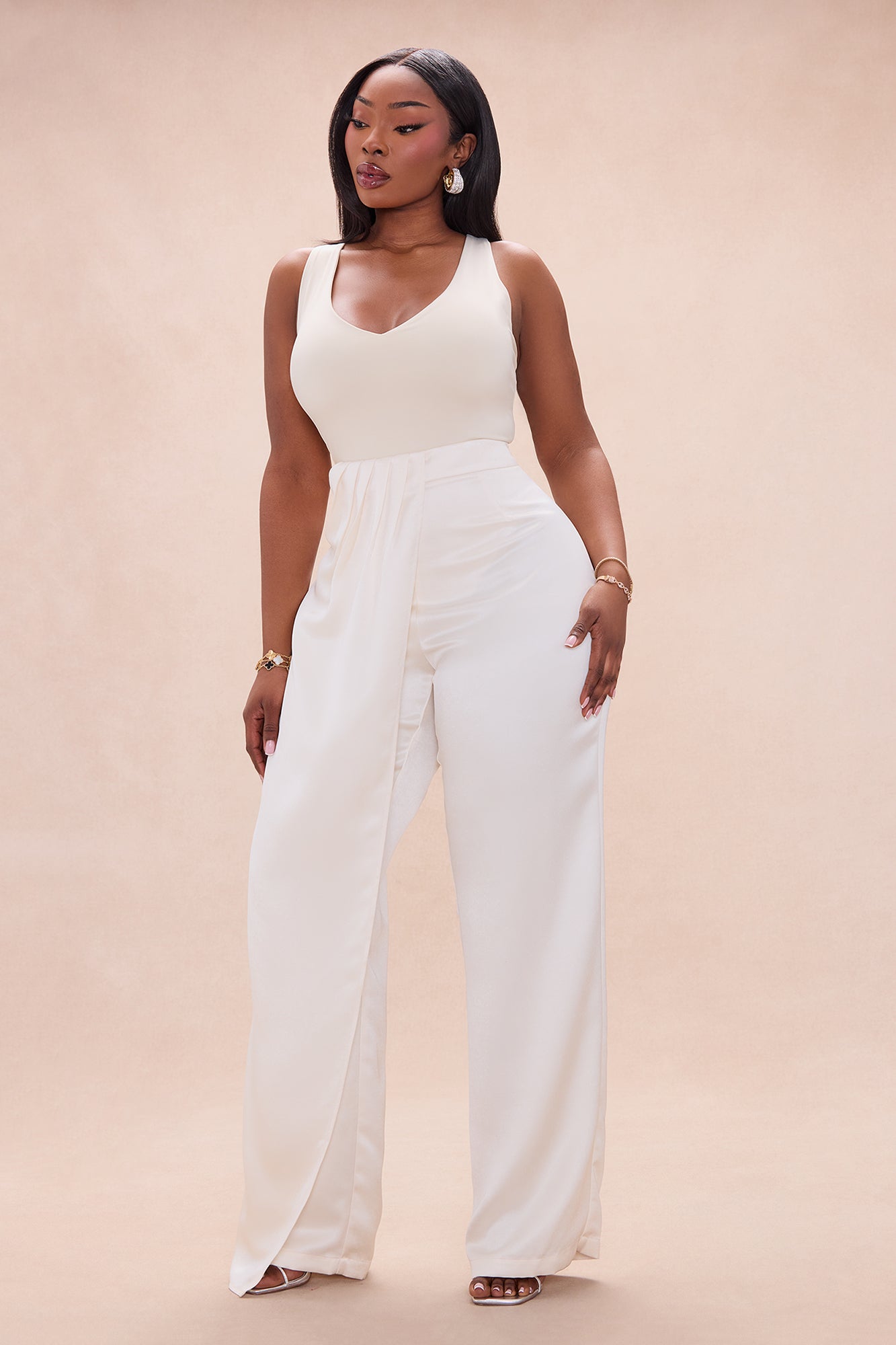 Quinn Pleated Drape Satin Pant - Cream