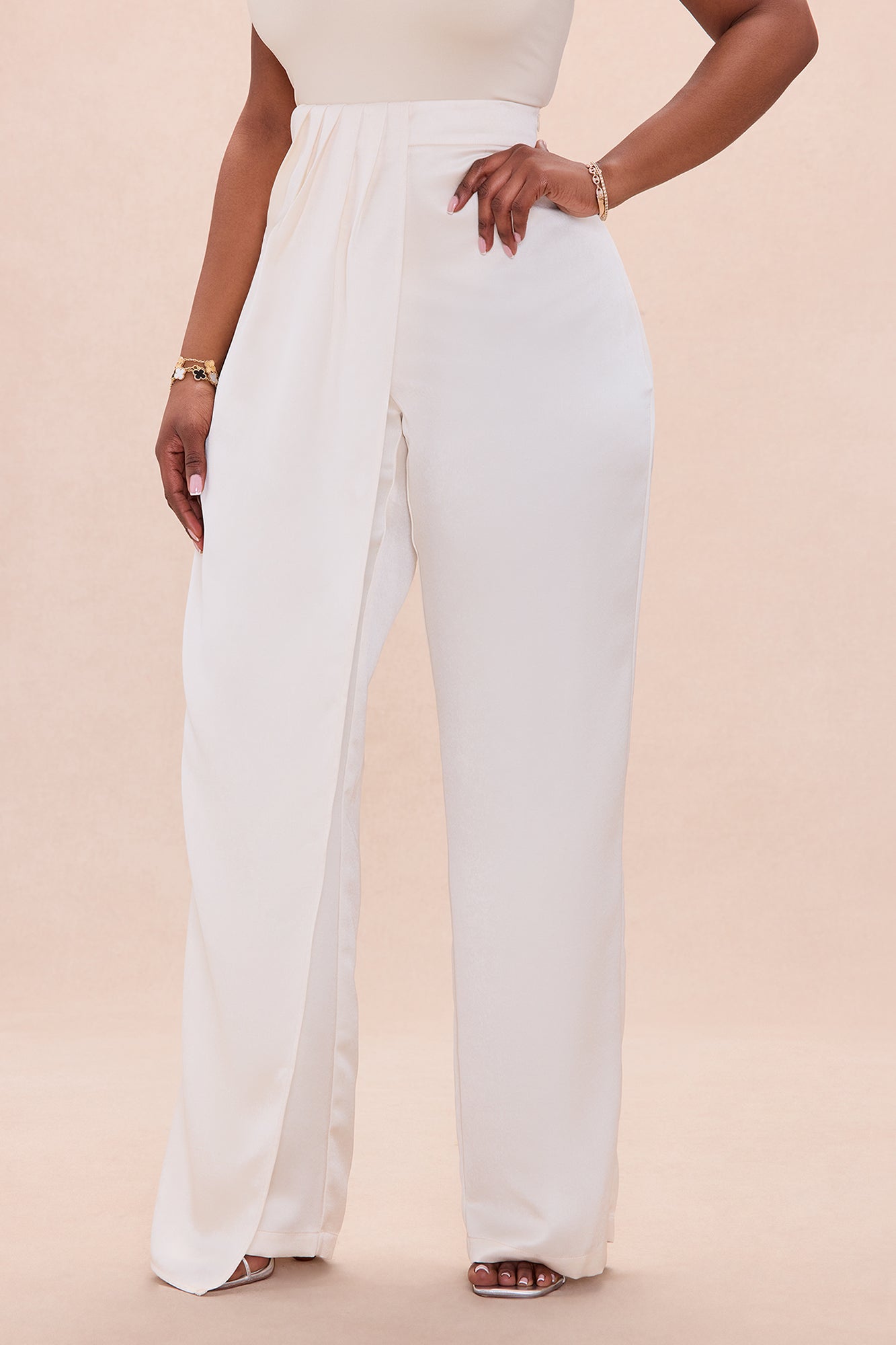Quinn Pleated Drape Satin Pant - Cream