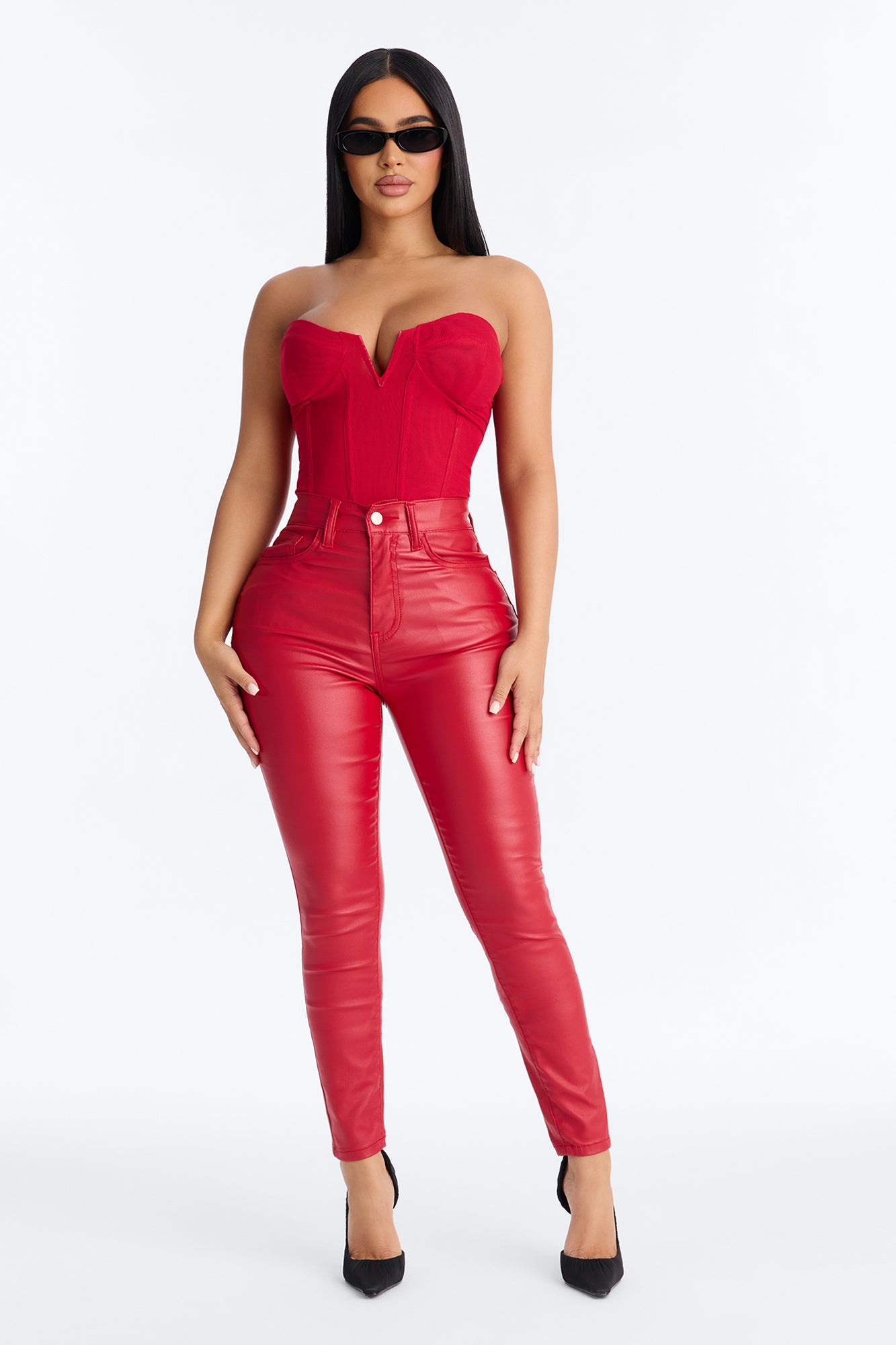 Breaking Hearts Coated Skinny Jeans - Red