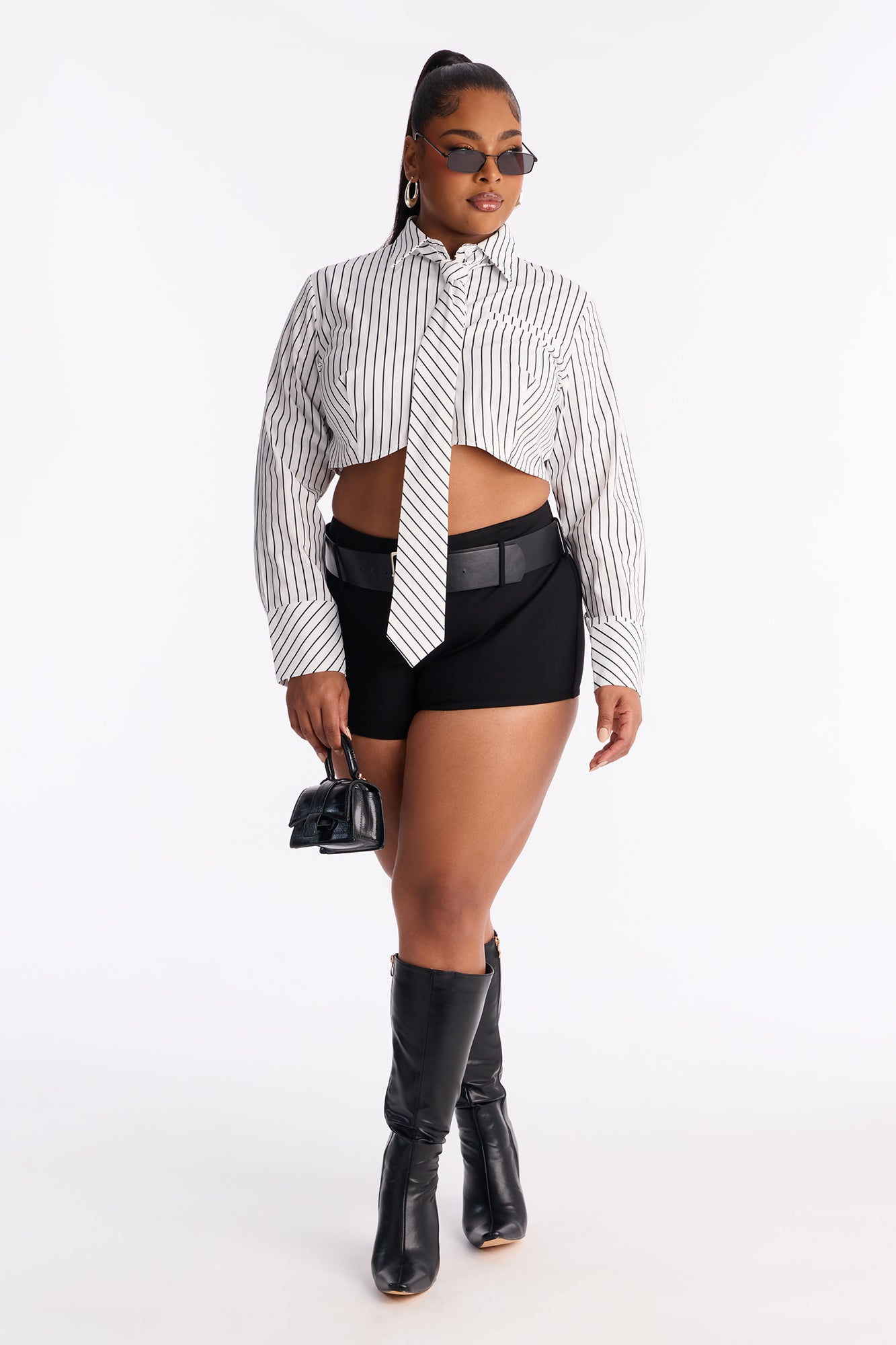 Real Woman Striped Poplin Tie Shirt - White/Black