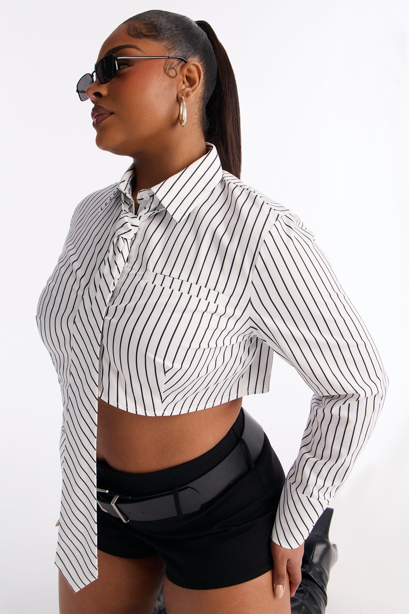 Real Woman Striped Poplin Tie Shirt - White/Black