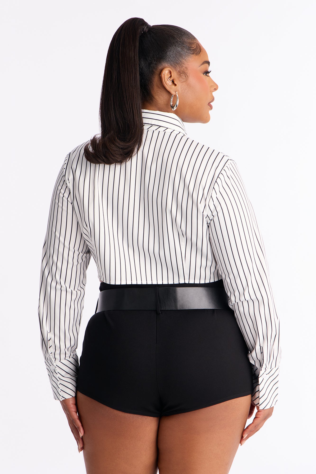 Real Woman Striped Poplin Tie Shirt - White/Black