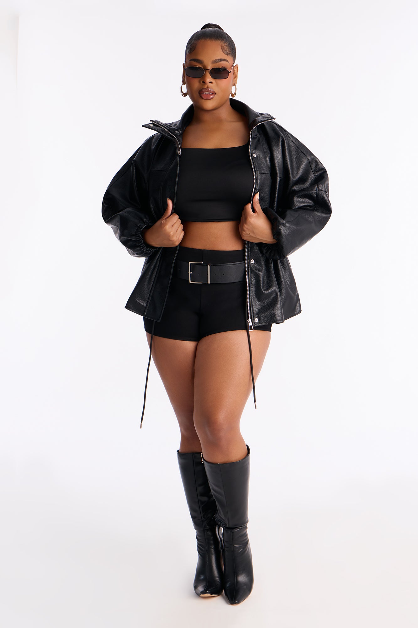 Effortless Funnel Neck Faux Leather Anorak - Black