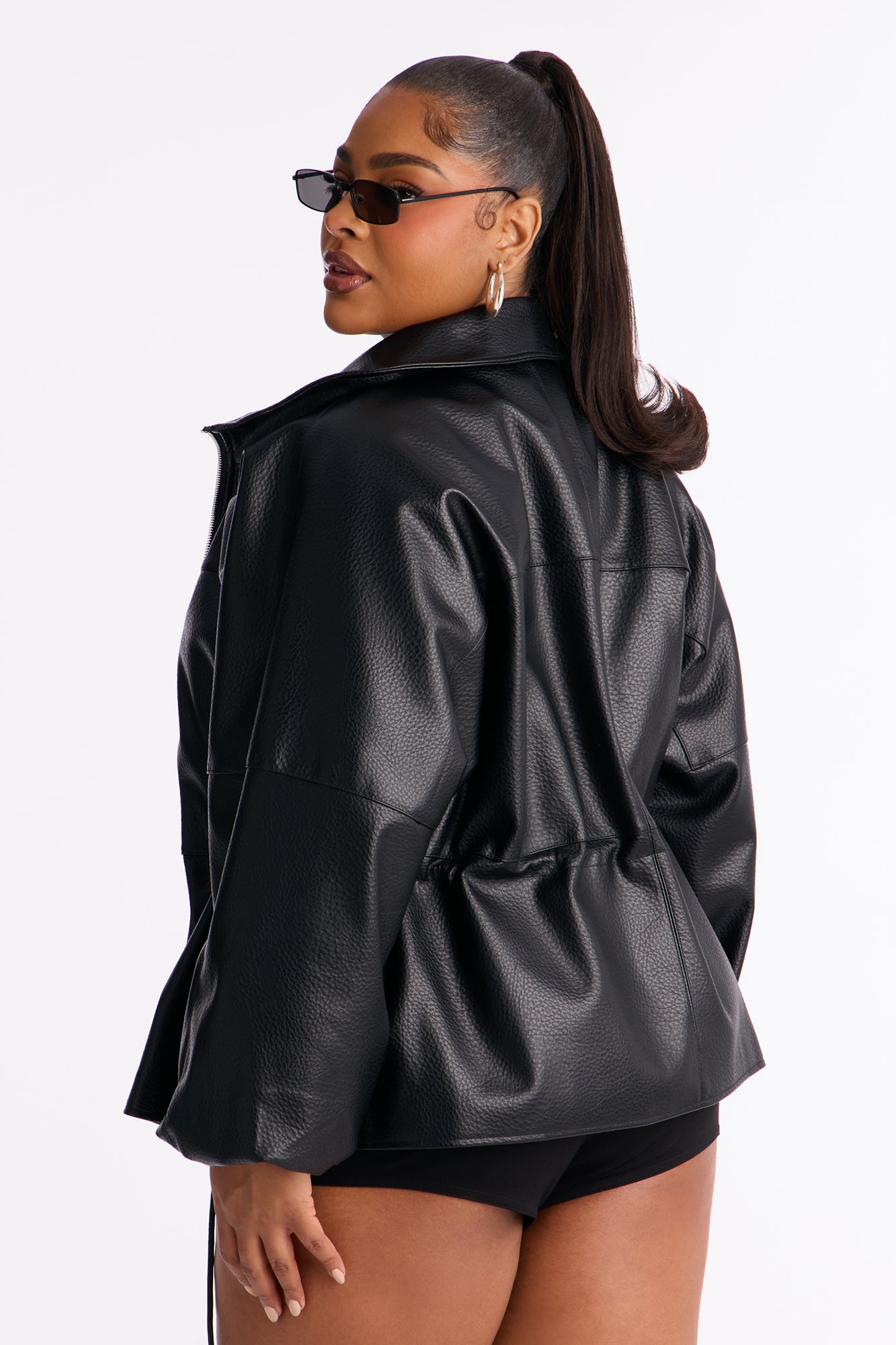 Effortless Funnel Neck Faux Leather Anorak - Black