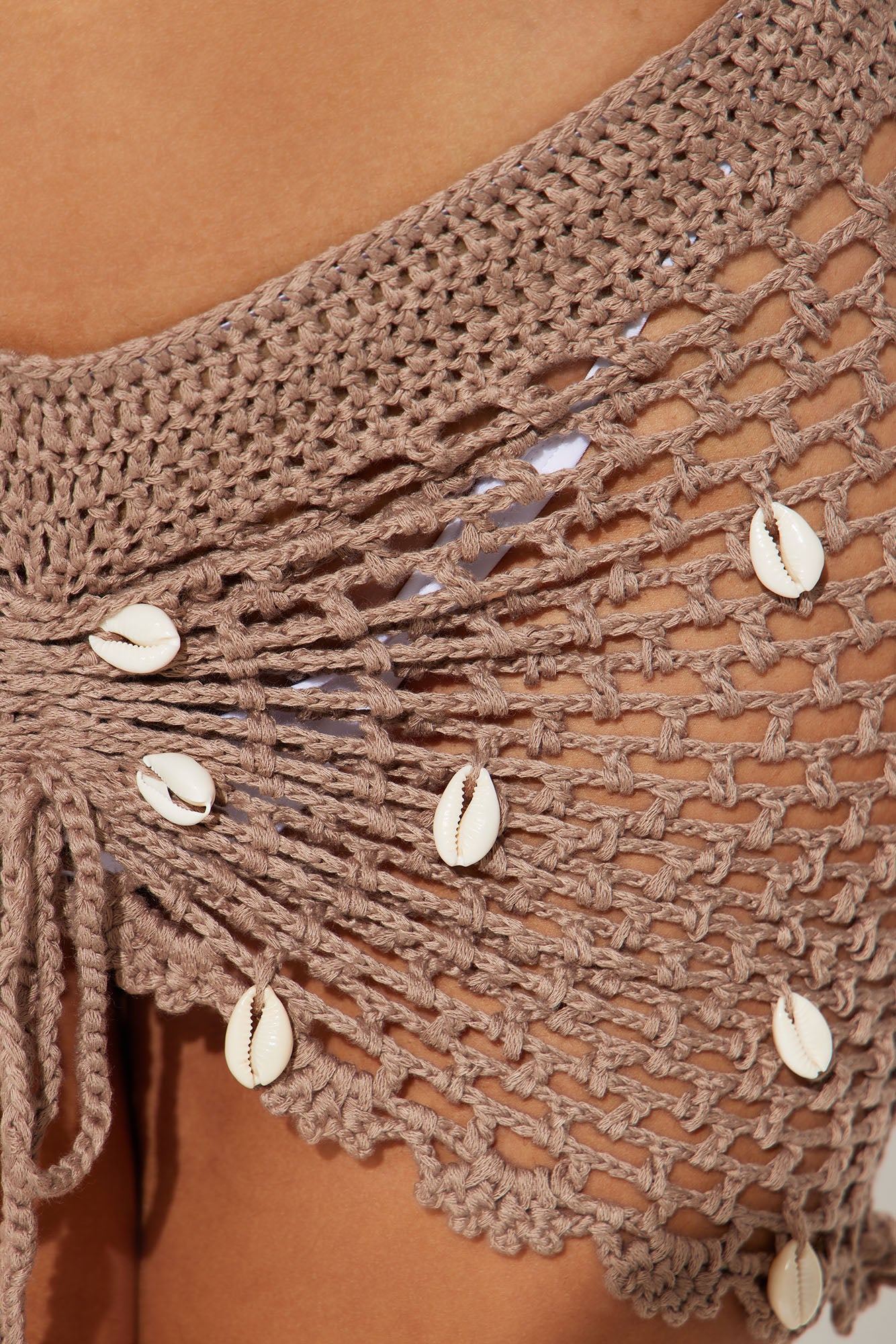 Pamela Puka Seashells Crochet Ruched Cover Up Skirt - Tan