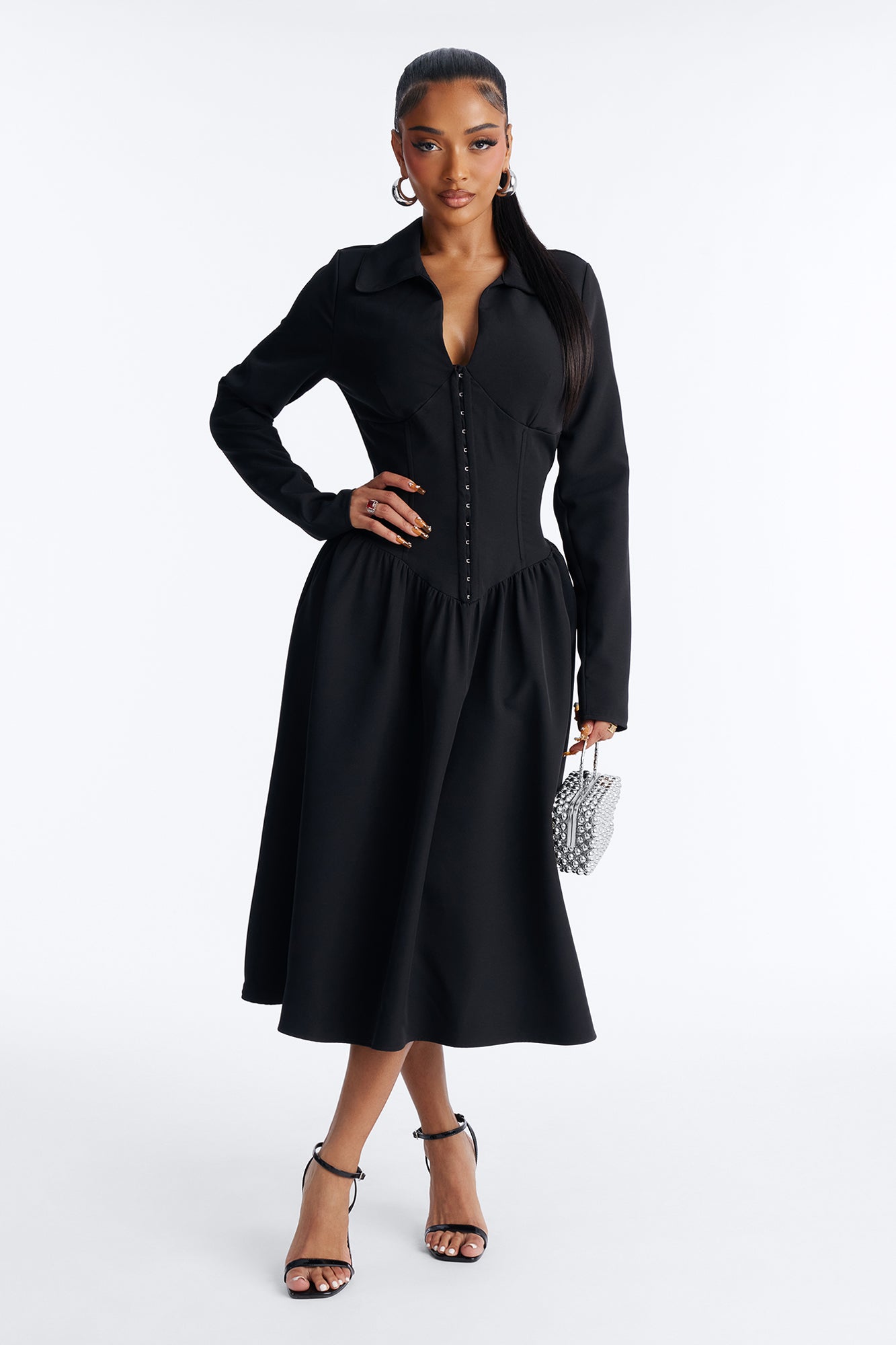 Paloma Corset Drop Waist Midi Dress - Black
