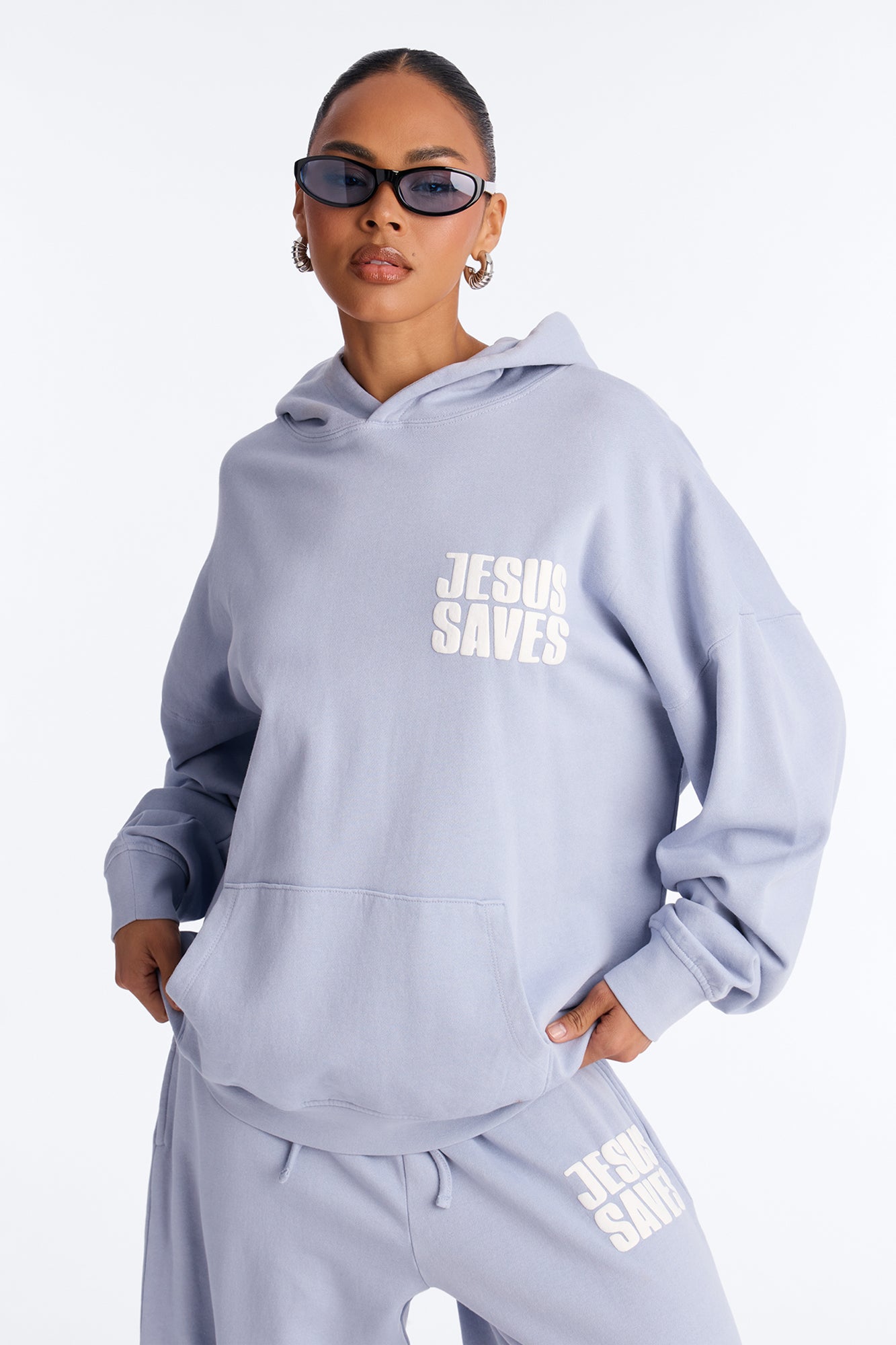 Jesus Saves Fleece Pant Set - Light Blue