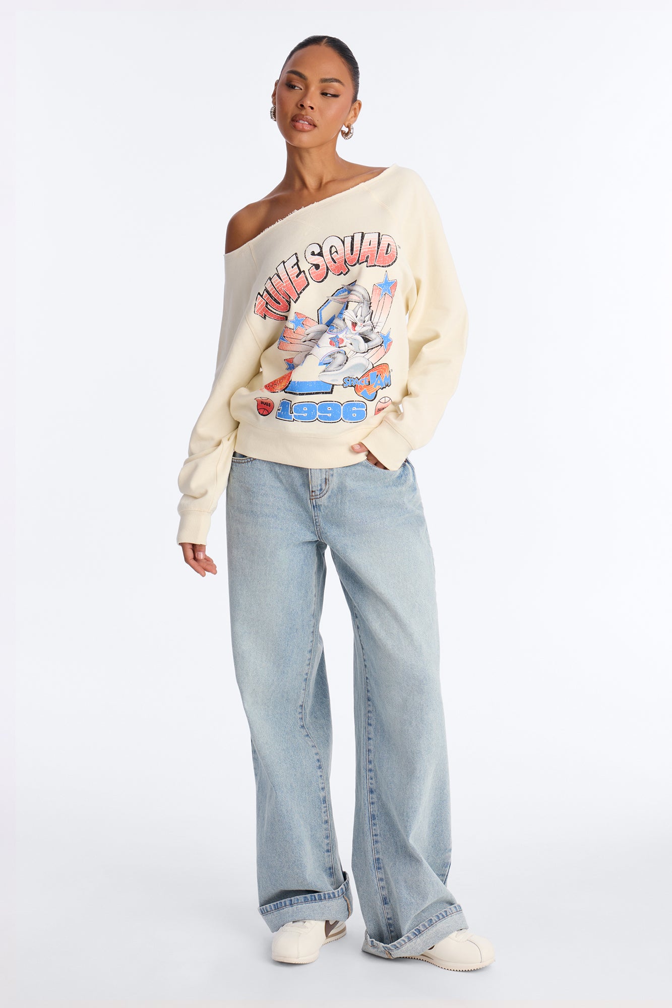 Space Jam Tune Squad Off Shoulder Sweatshirt - Cream