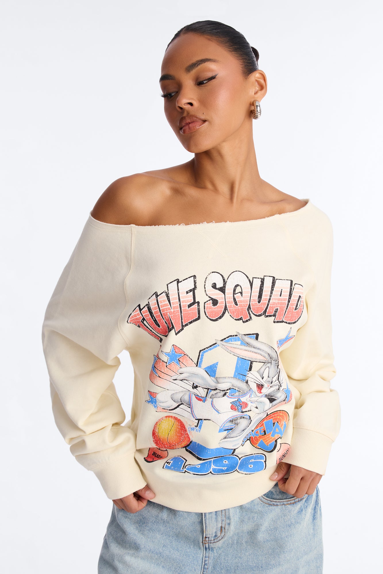 Space Jam Tune Squad Off Shoulder Sweatshirt - Cream