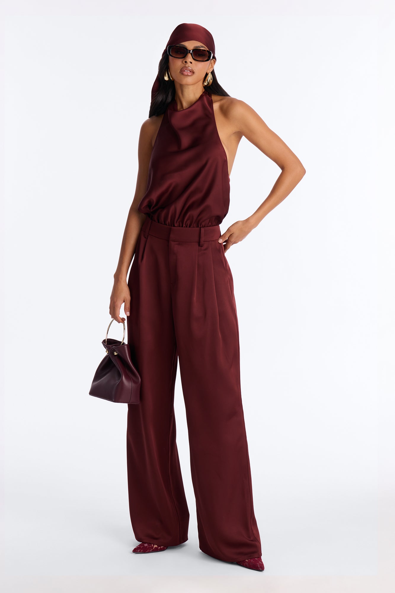 Isabelle Satin Halter Bodysuit 3 Piece Pant Set - Brown