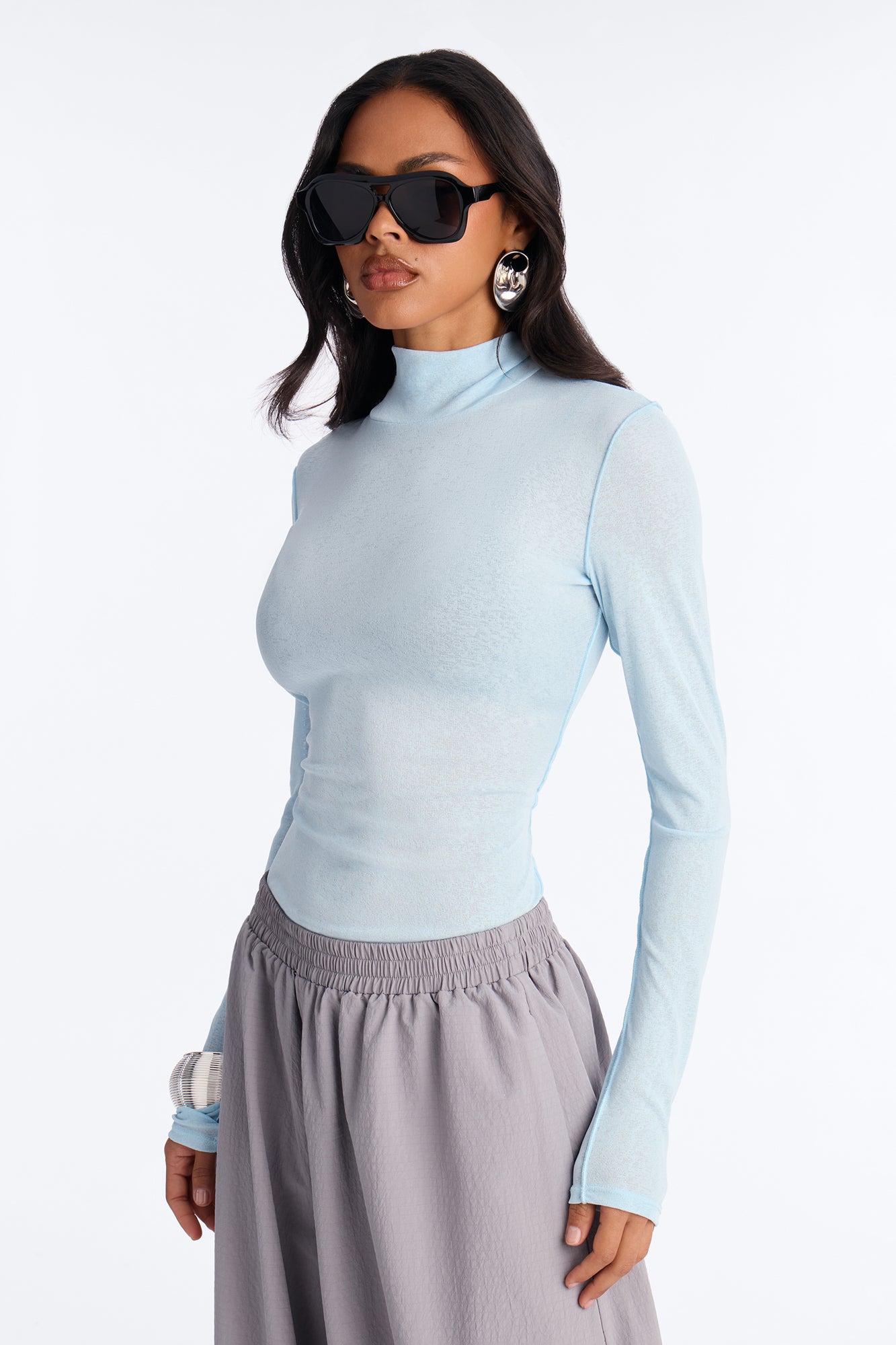 Barely On Textured Sheer Long Sleeve - Blue