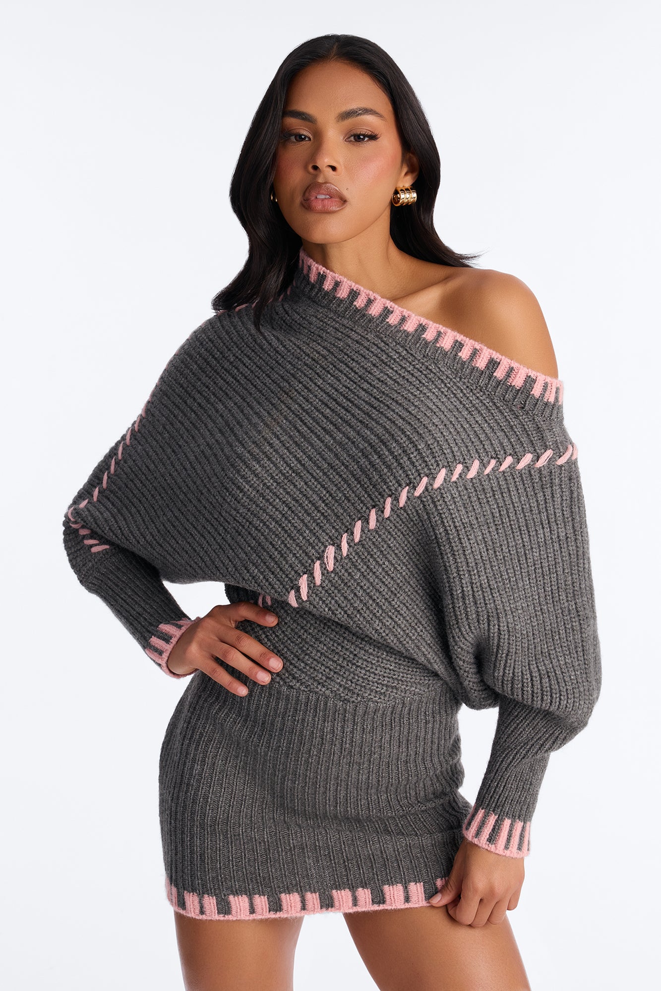 Naomi Contrast Trim Sweater Mini Dress - Grey/combo
