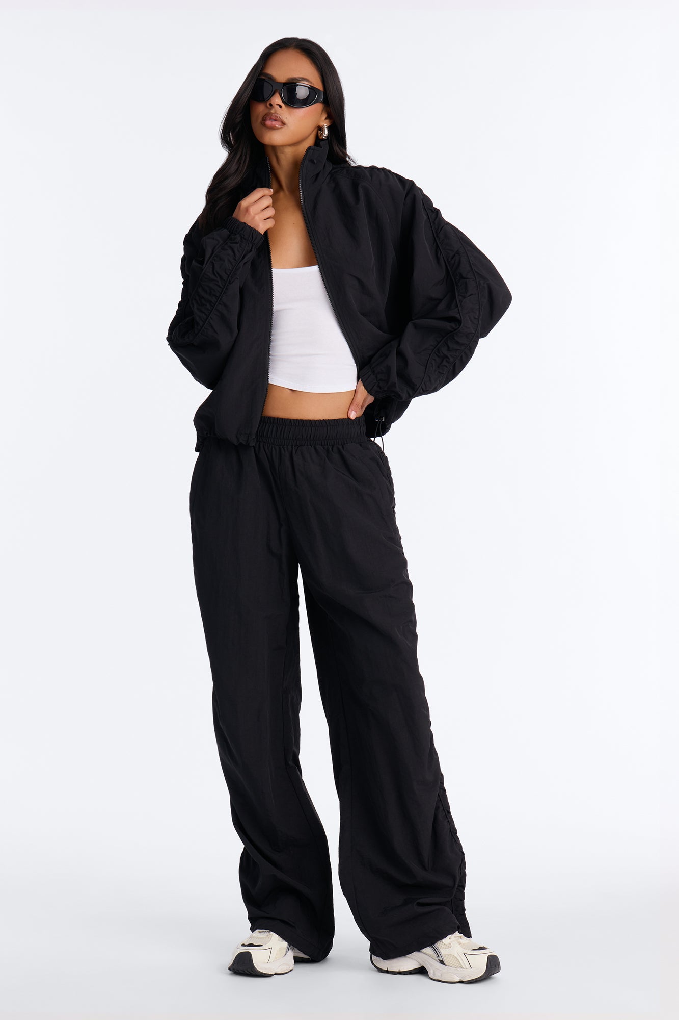 Off Duty Days Ruched Windbreaker Funnel Neck Jacket - Black