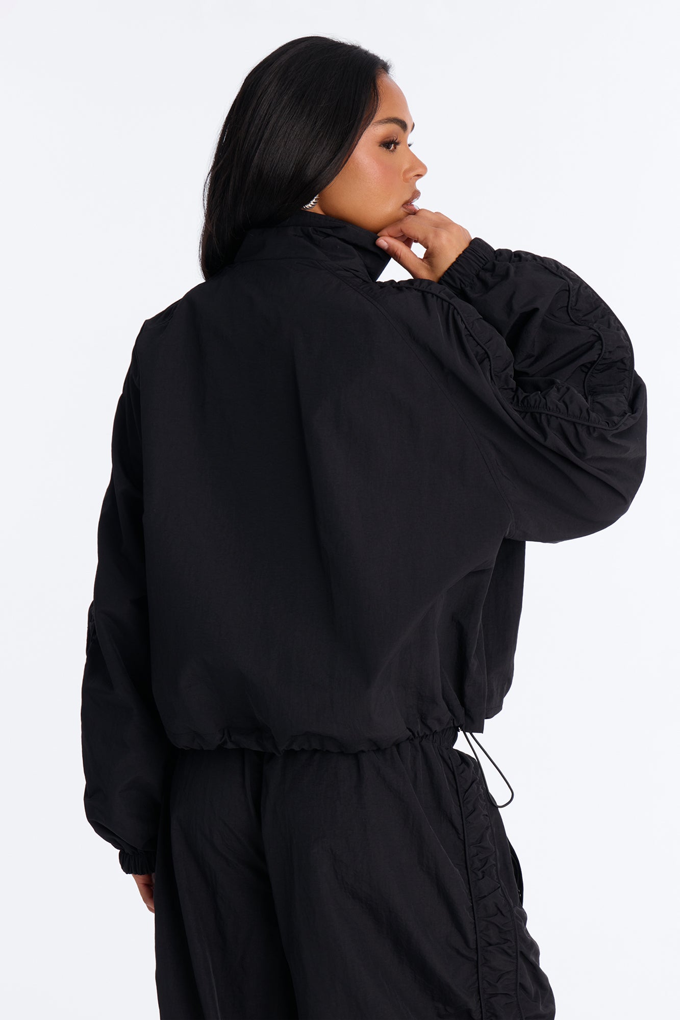 Off Duty Days Ruched Windbreaker Funnel Neck Jacket - Black