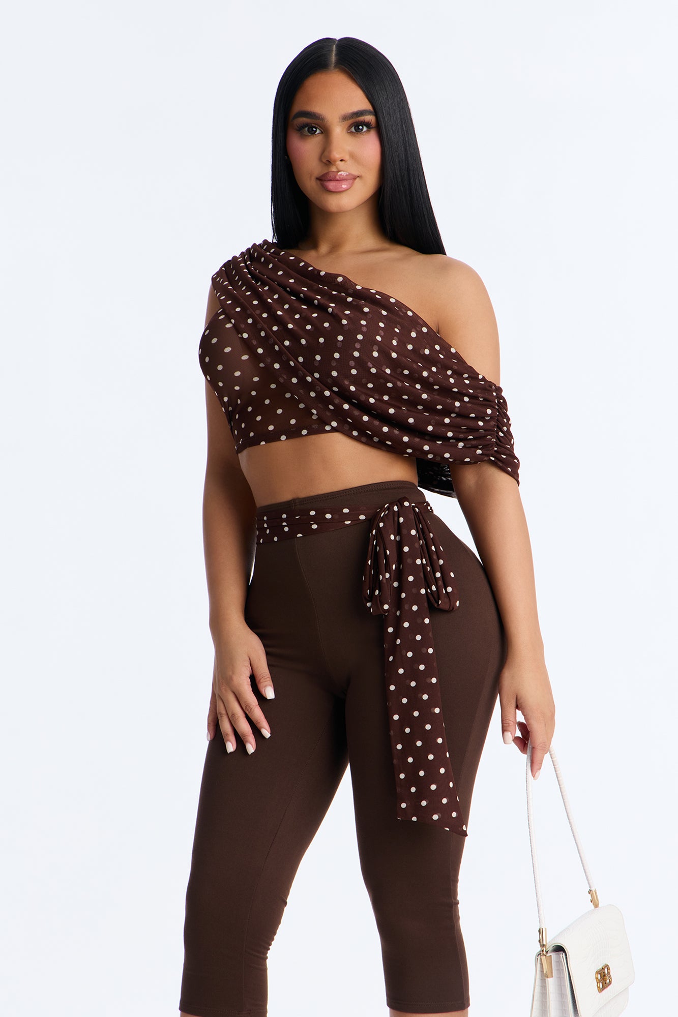 Bailey Off Shoulder Polka Dot Capri Set - Brown/combo