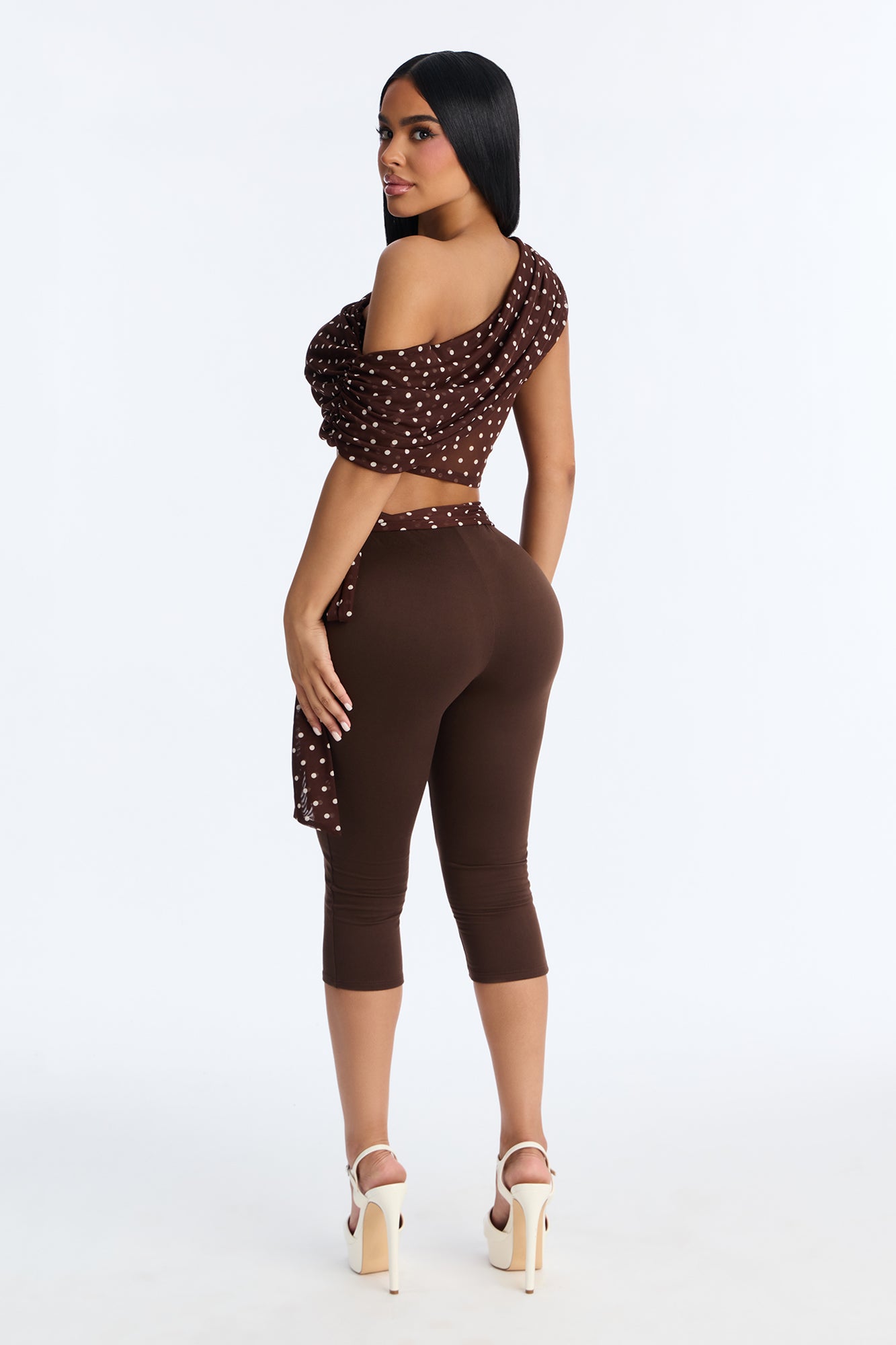 Bailey Off Shoulder Polka Dot Capri Set - Brown/combo