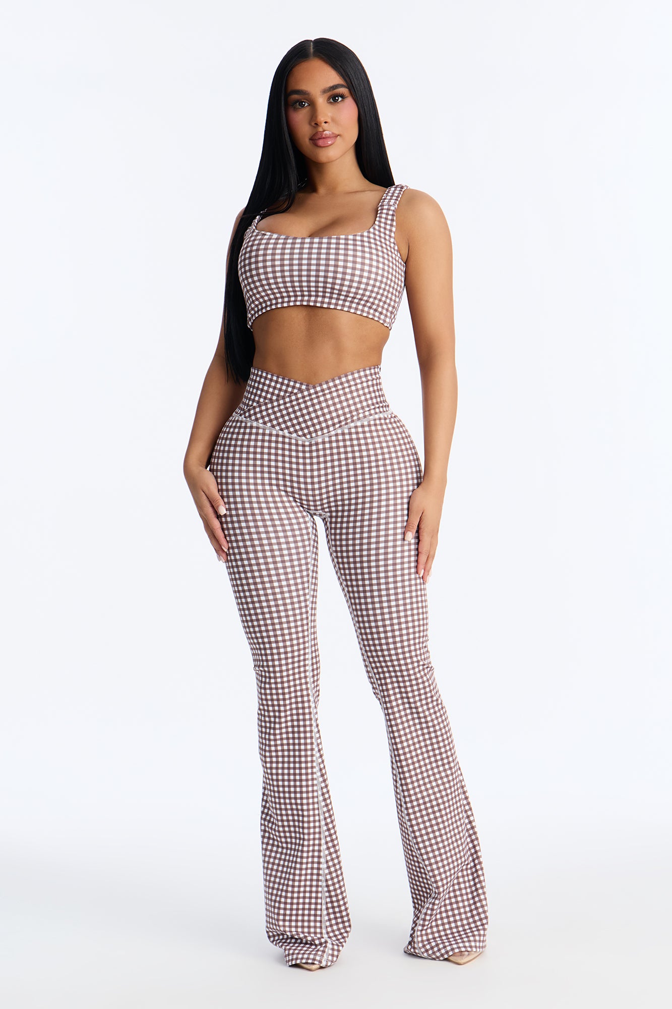 Cassidy Gingham Flare Legging Set - Brown/combo