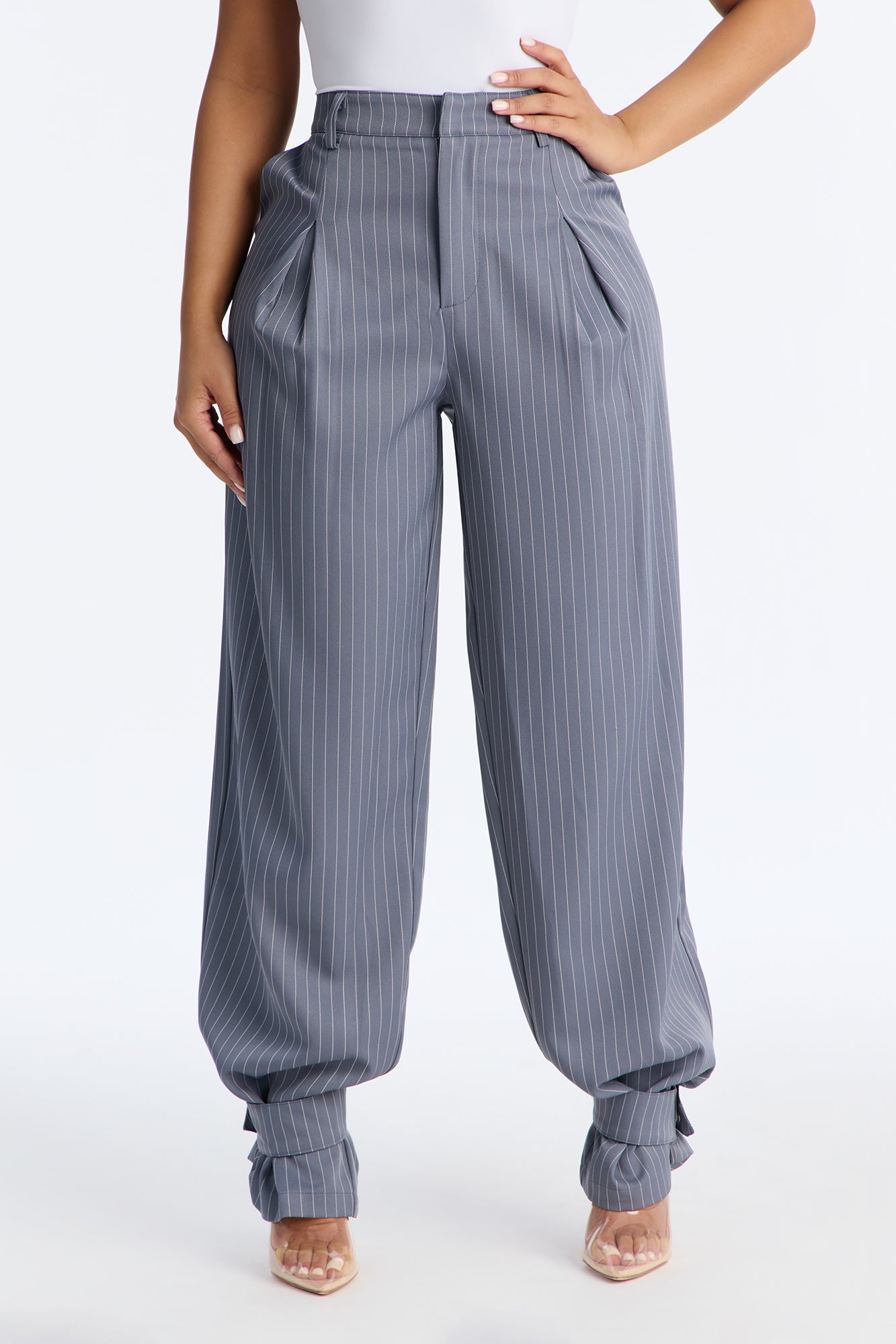 Never Settle Pinstripe Adjustable Cuff Trouser Pants 33″ - Grey
