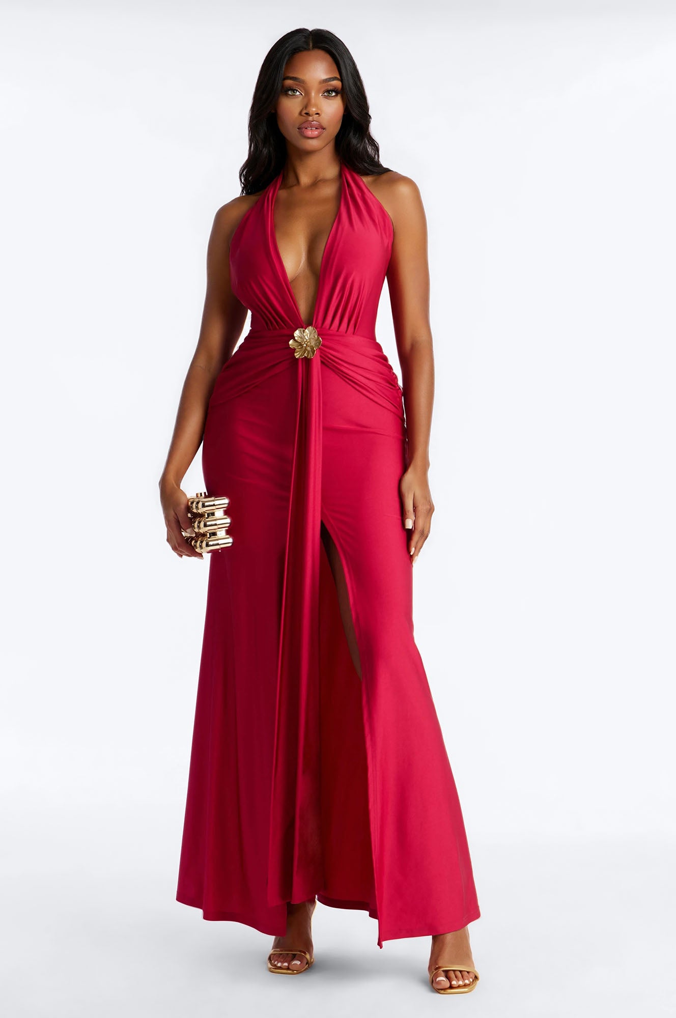 Ferrah Draped Backless Gown - Red