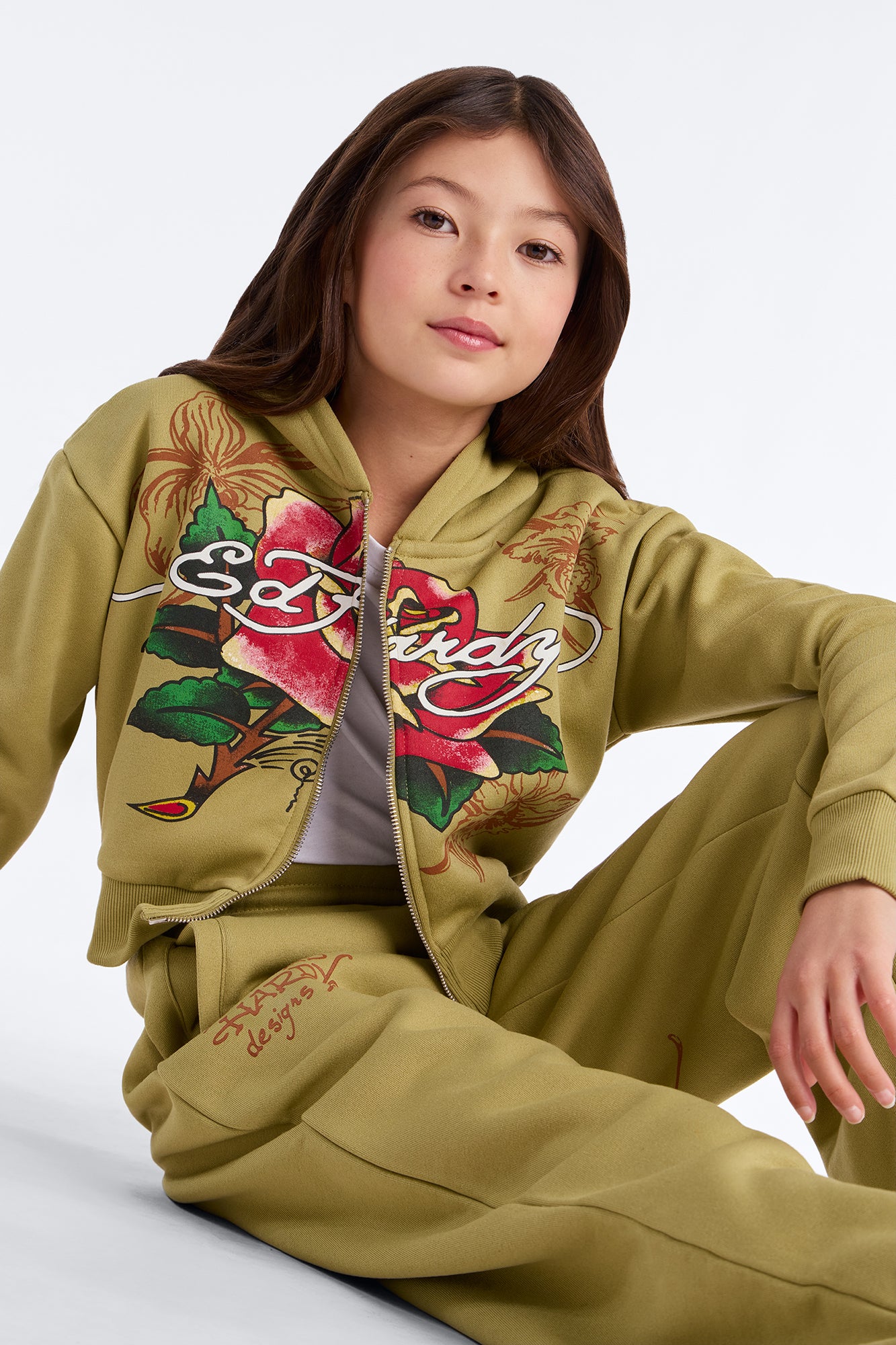 Mini Ed Hardy Bouquet Fleece Zip Hoodie - Olive