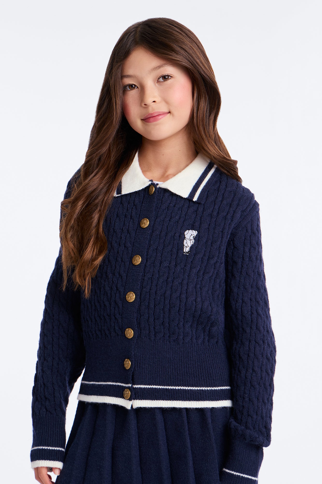 Mini Campus Queen Sweater Cardigan Skirt Set - Navy