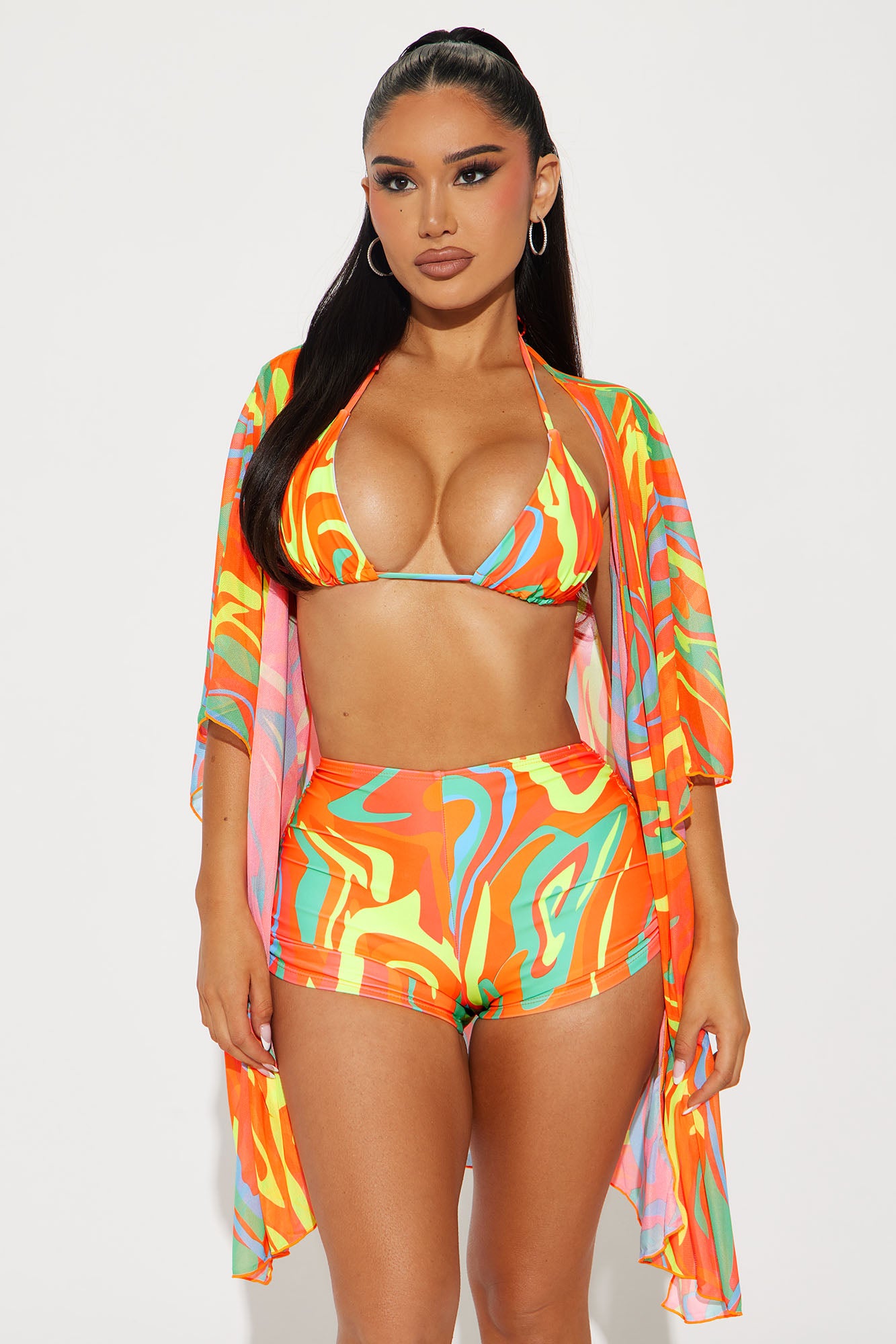 Kairi Ruched Boyshort & Kimono 3 Piece Bikini Set - Orange/combo
