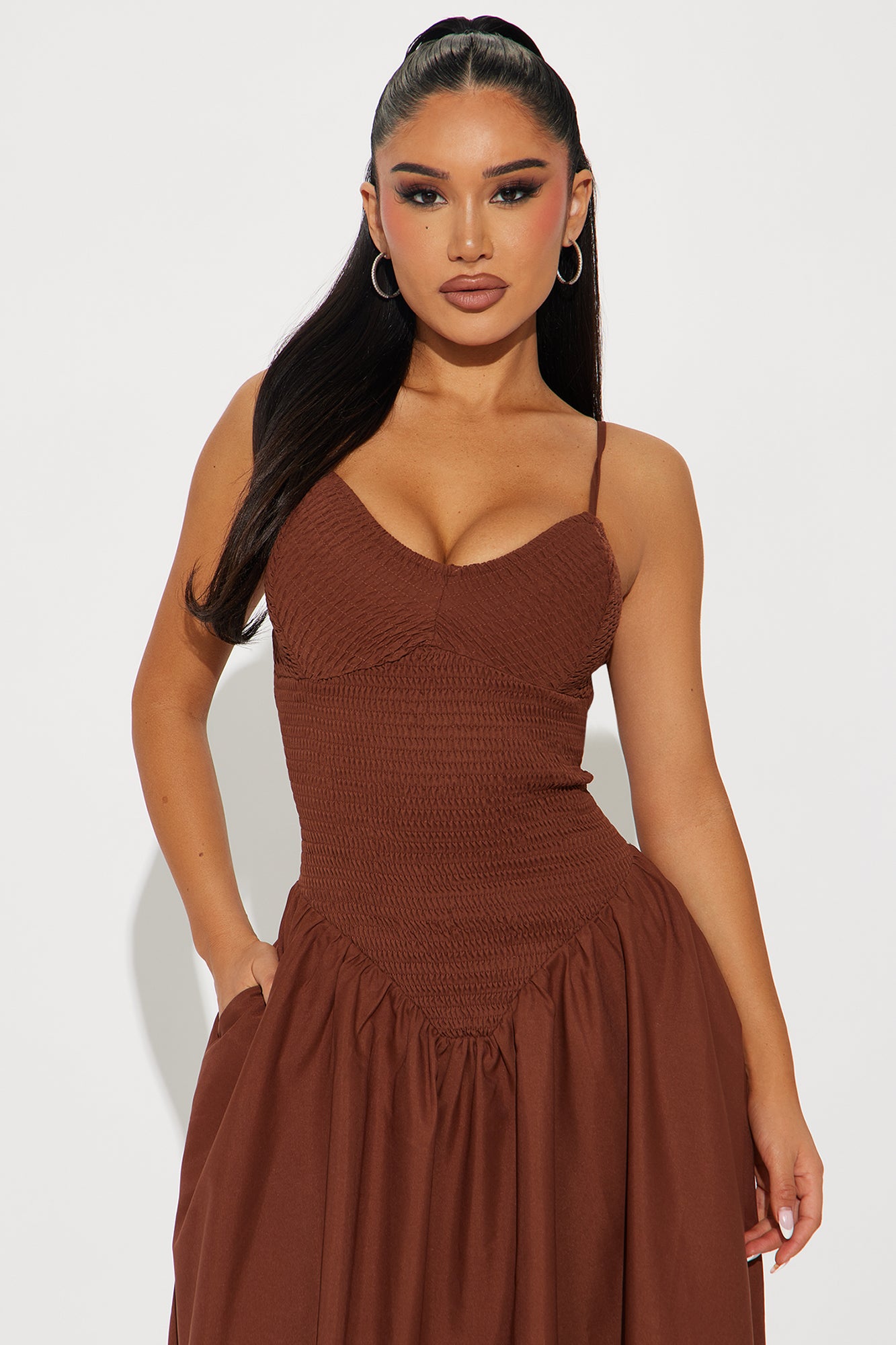 Lily Smocked Drop Waist Maxi Dress - Brown