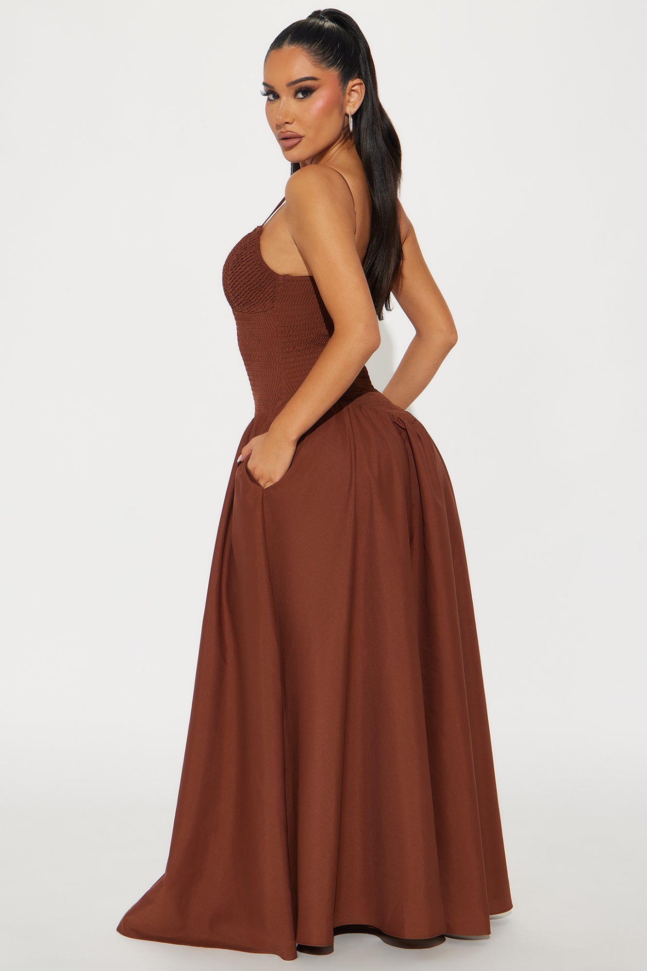 Lily Smocked Drop Waist Maxi Dress - Brown