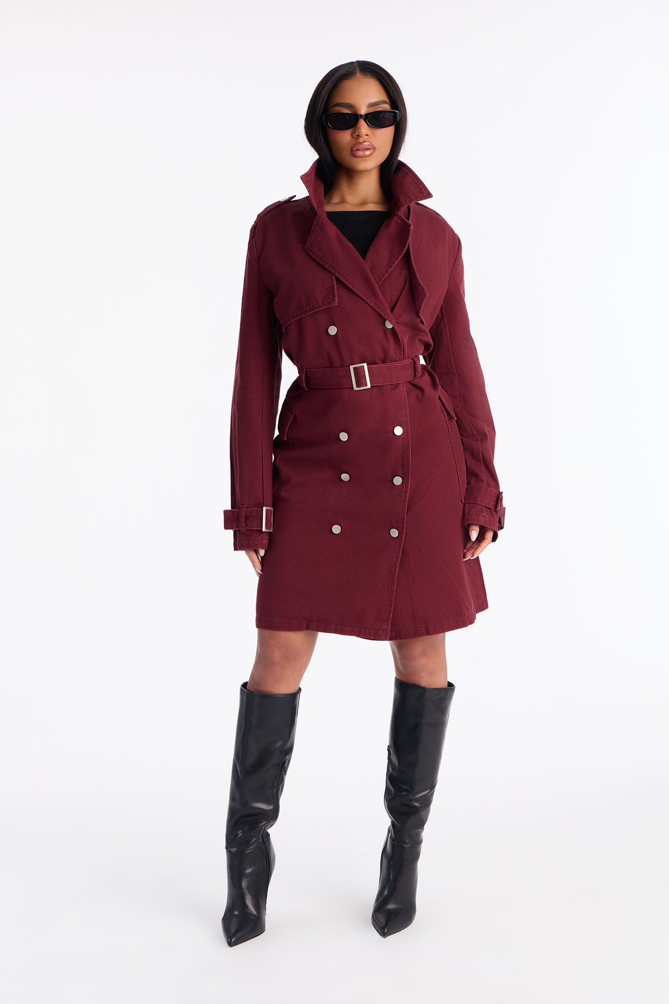 Parisian Delights Denim Trench Coat - Burgundy