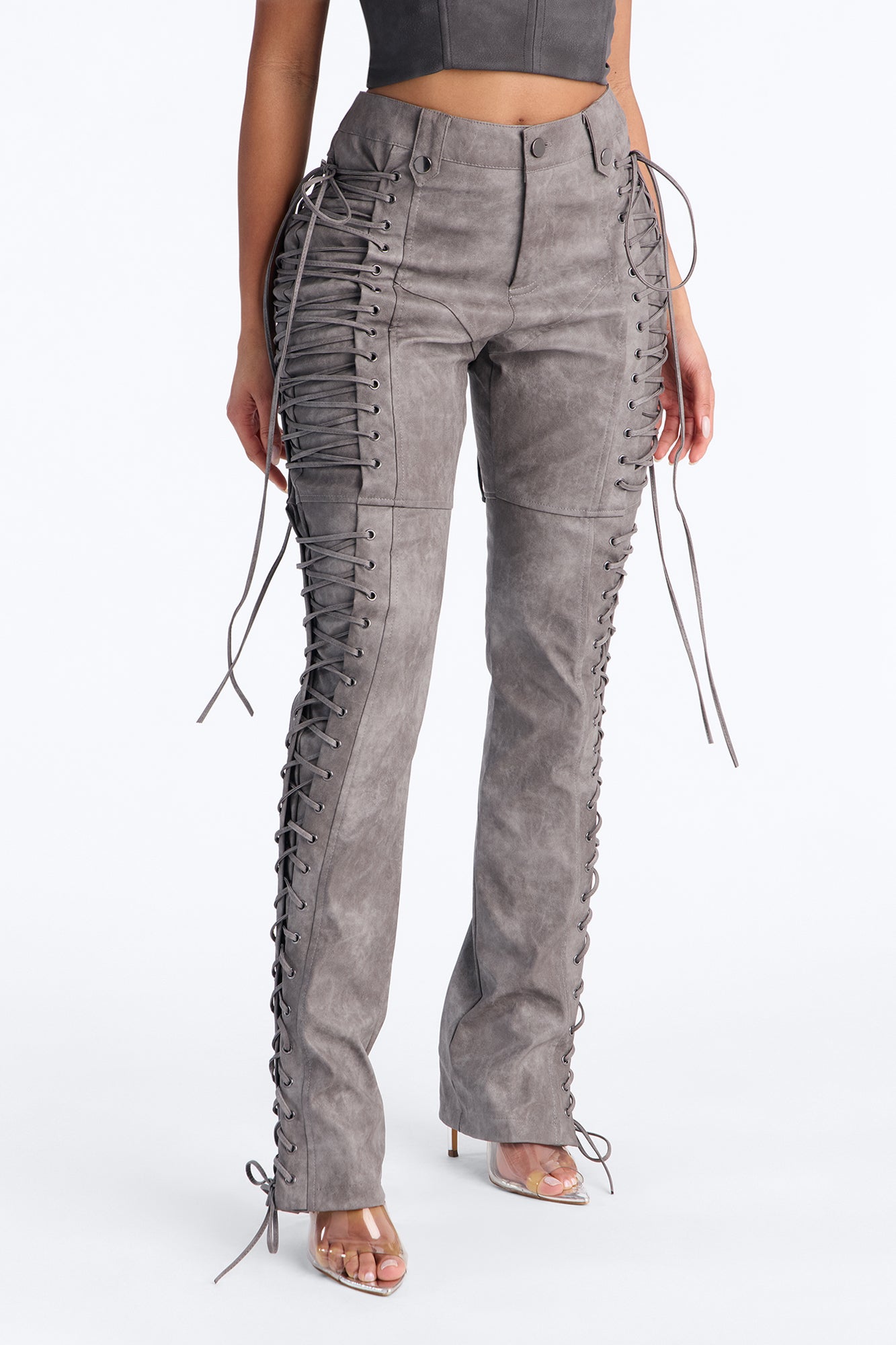 After Hours Faux Leather Lace Up Flare Pant 33″ - Grey
