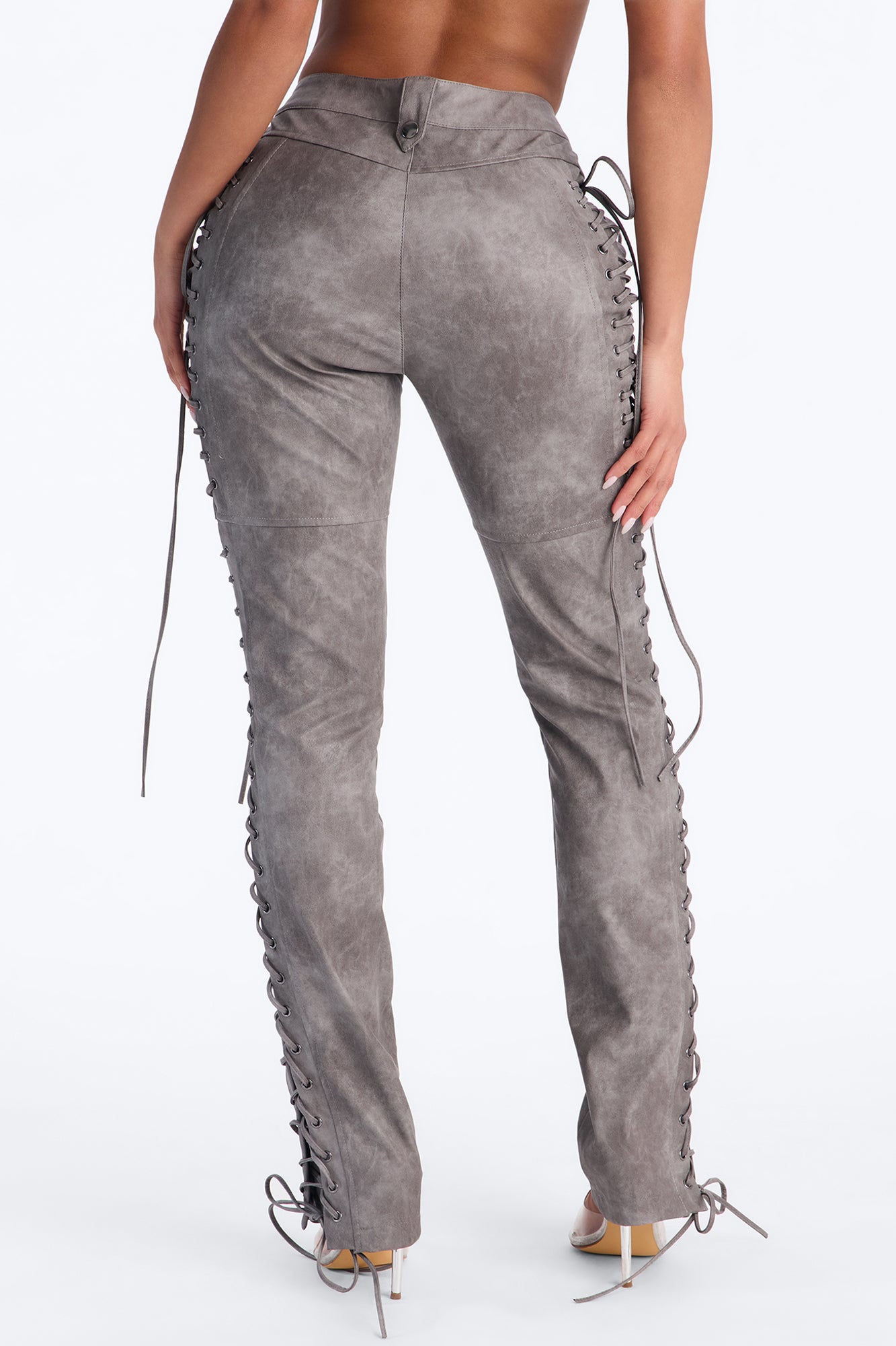 After Hours Faux Leather Lace Up Flare Pant 33″ - Grey