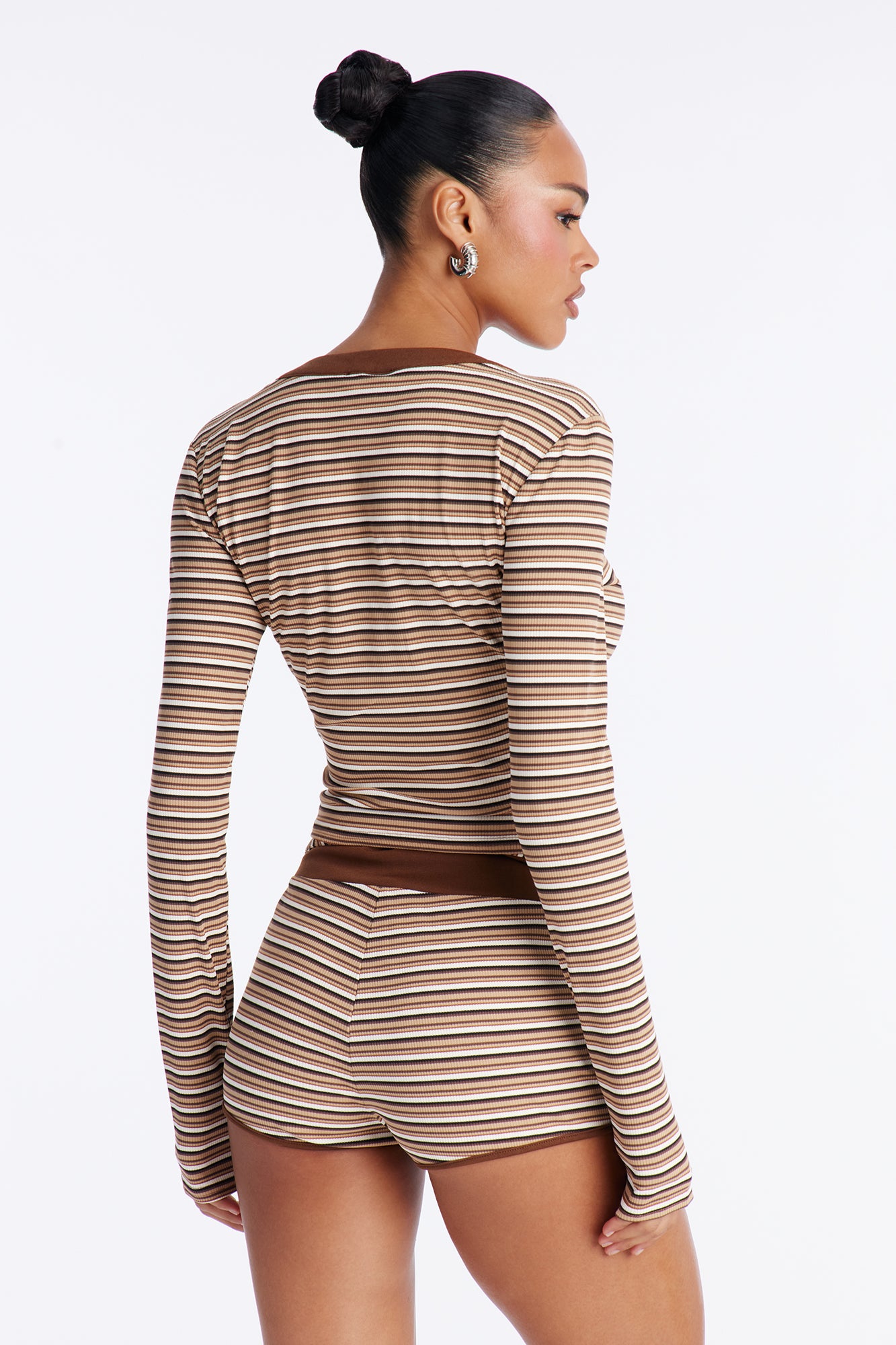 Mallie Striped 3 Piece Short Set - Brown/combo