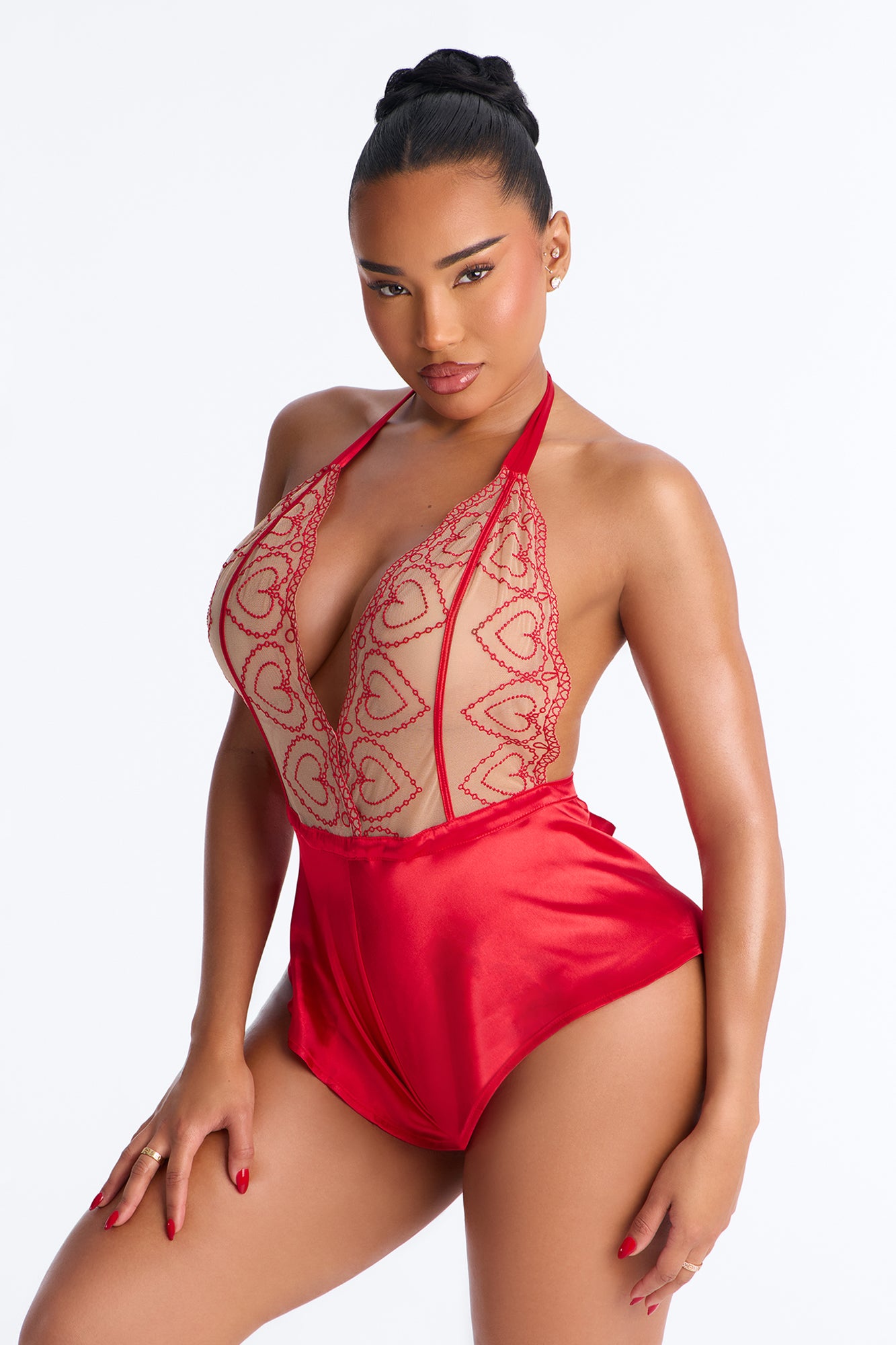 Brietta Mesh Satin Heart Teddy - Red