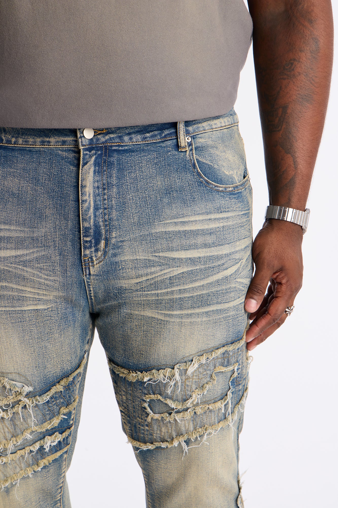 Stacked Slim Flare Fray Waves Jeans - Light Wash