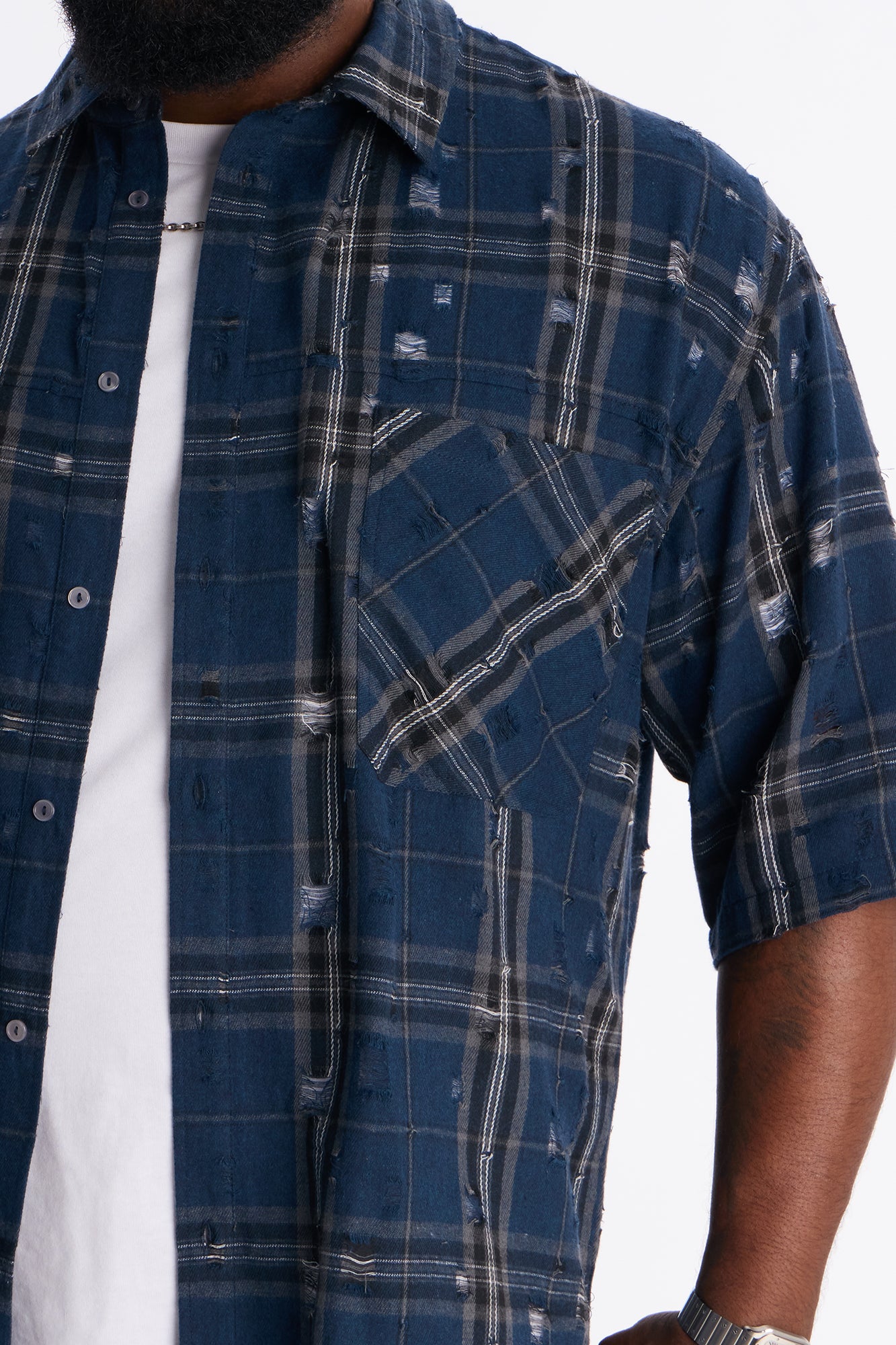 Cropped Deconstructed Hem Short Sleeve Flannel Button Up - Blue