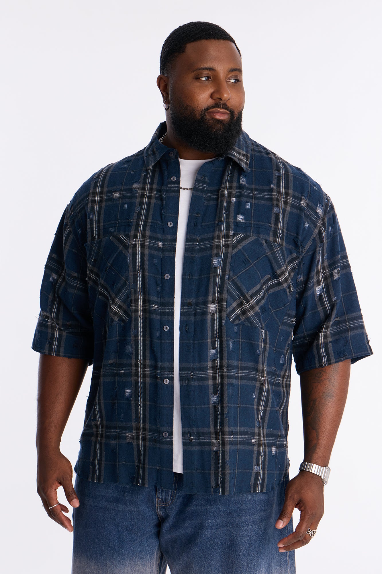 Cropped Deconstructed Hem Short Sleeve Flannel Button Up - Blue