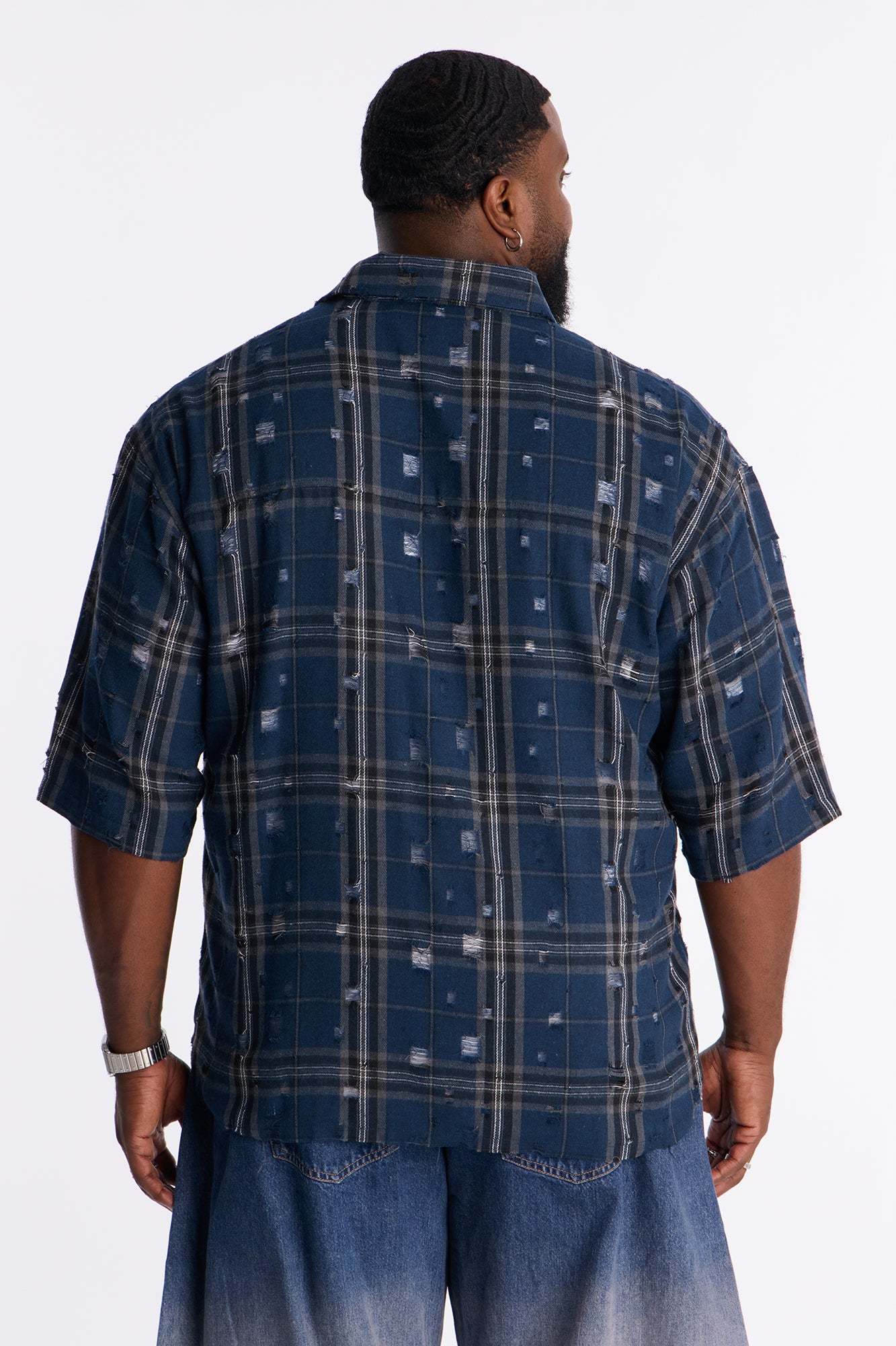 Cropped Deconstructed Hem Short Sleeve Flannel Button Up - Blue