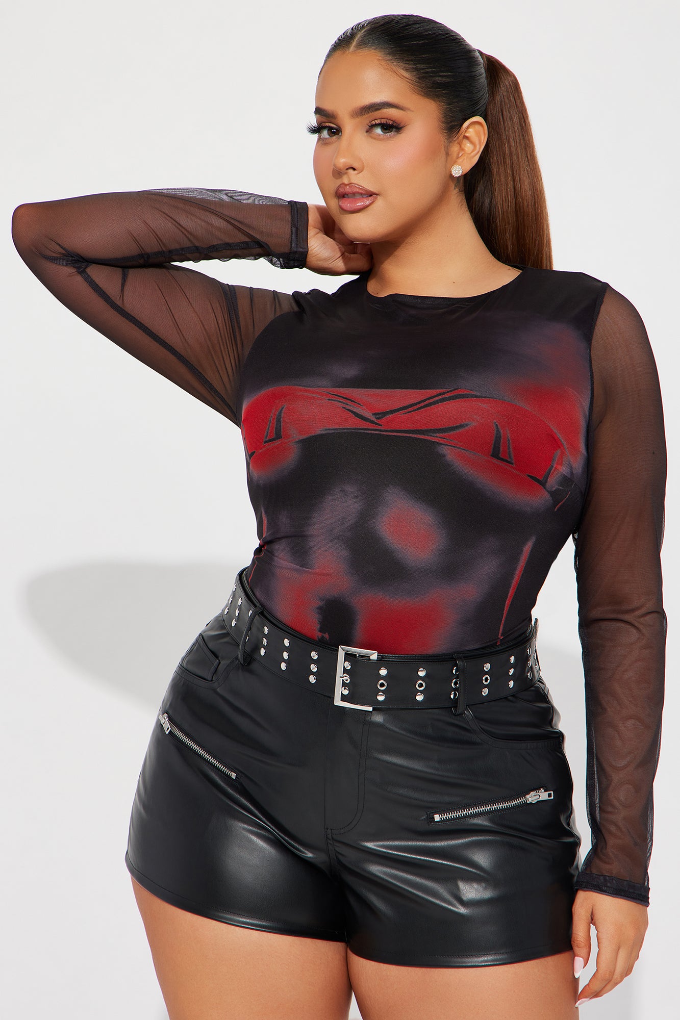 Losing Control Mesh Bodysuit - Red/combo