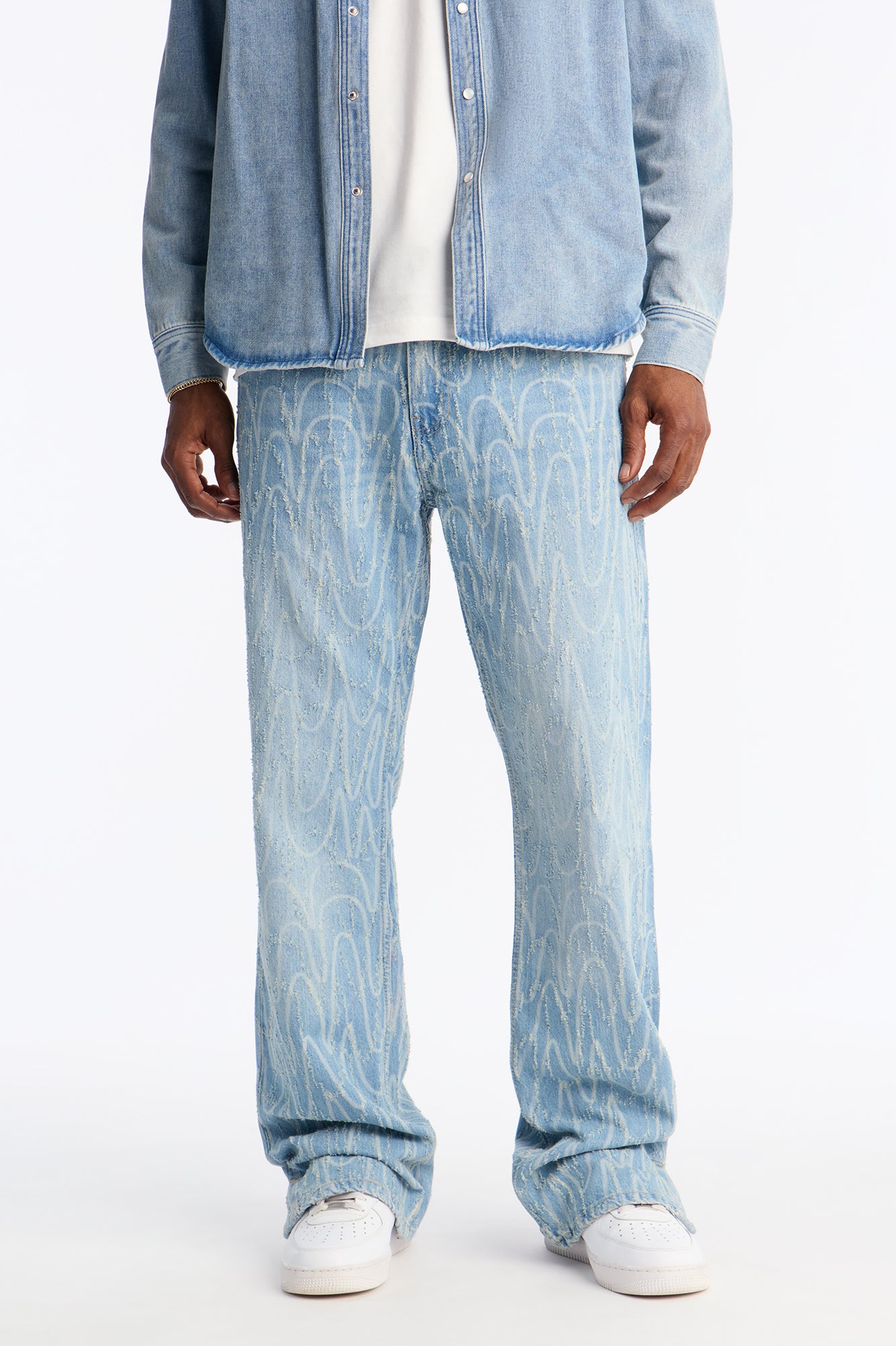 Stacked Slim Flare Swervin Distressed Slit Jean - Light Blue Wash