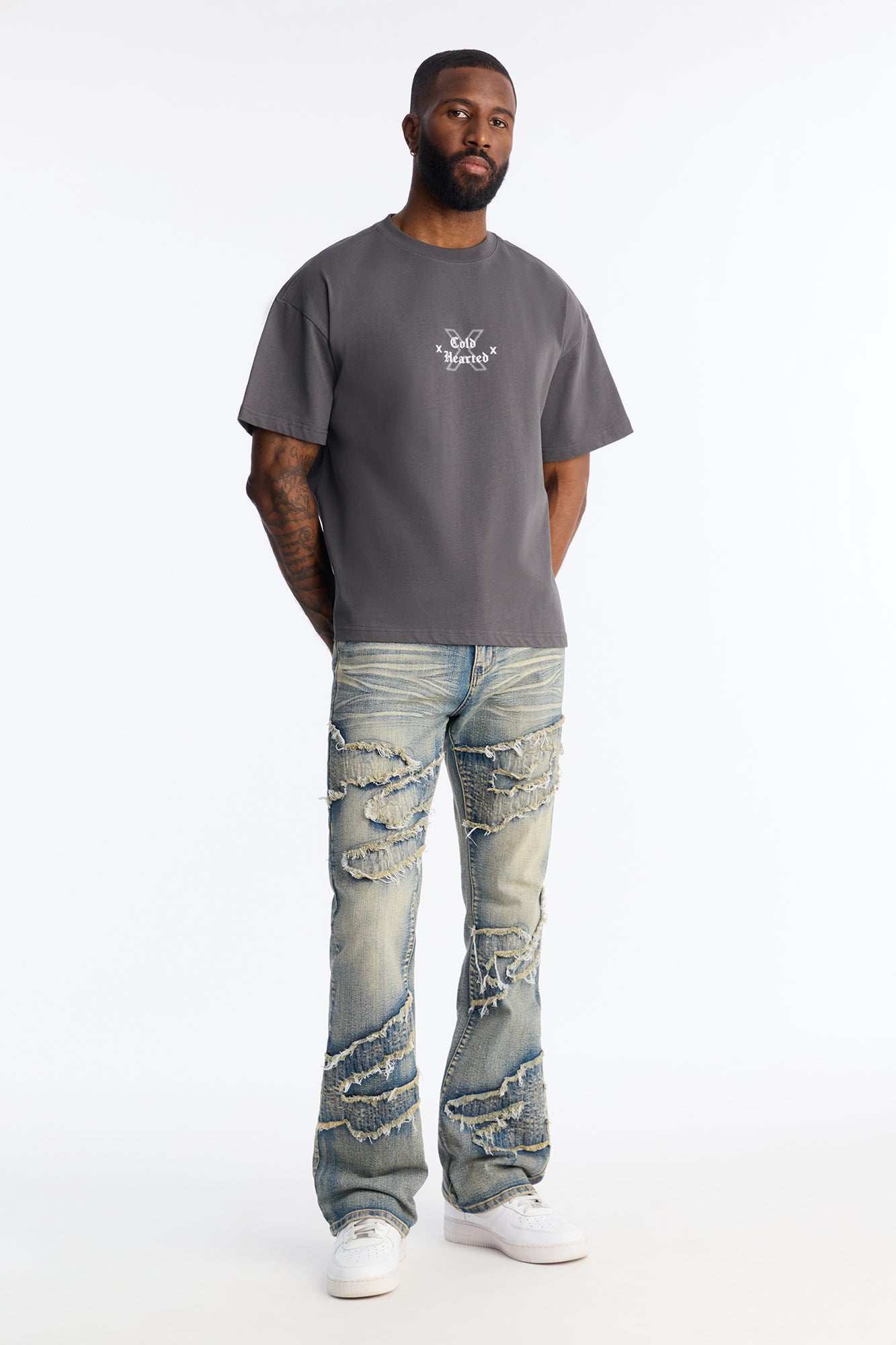 Stacked Slim Flare Fray Waves Jeans - Light Wash