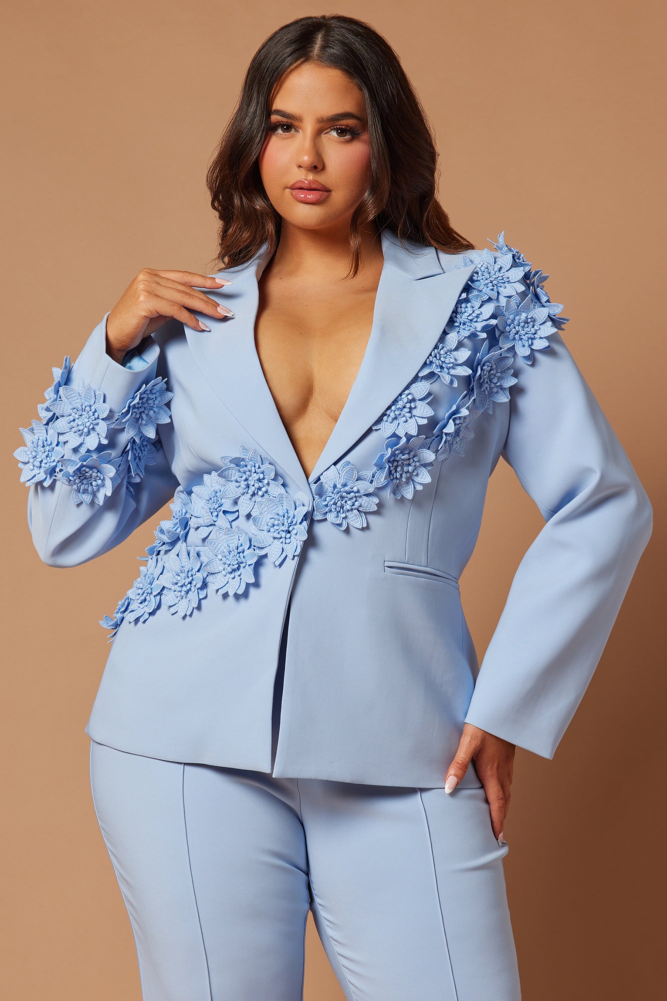 Claudette Floral Embroidered Suit Set - Light Blue