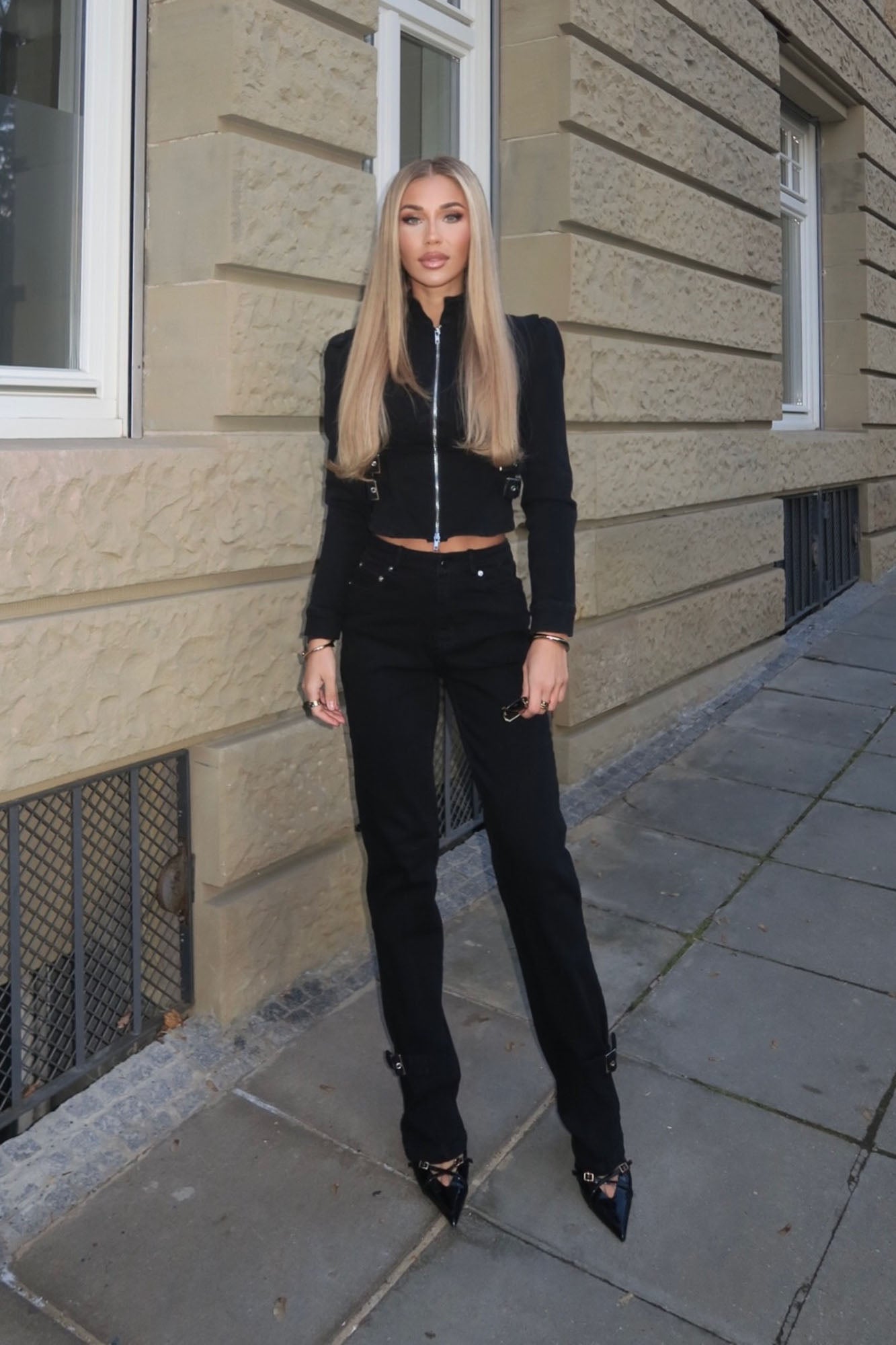 Kara Puff Sleeve Buckle Jacket Pant Set - Black
