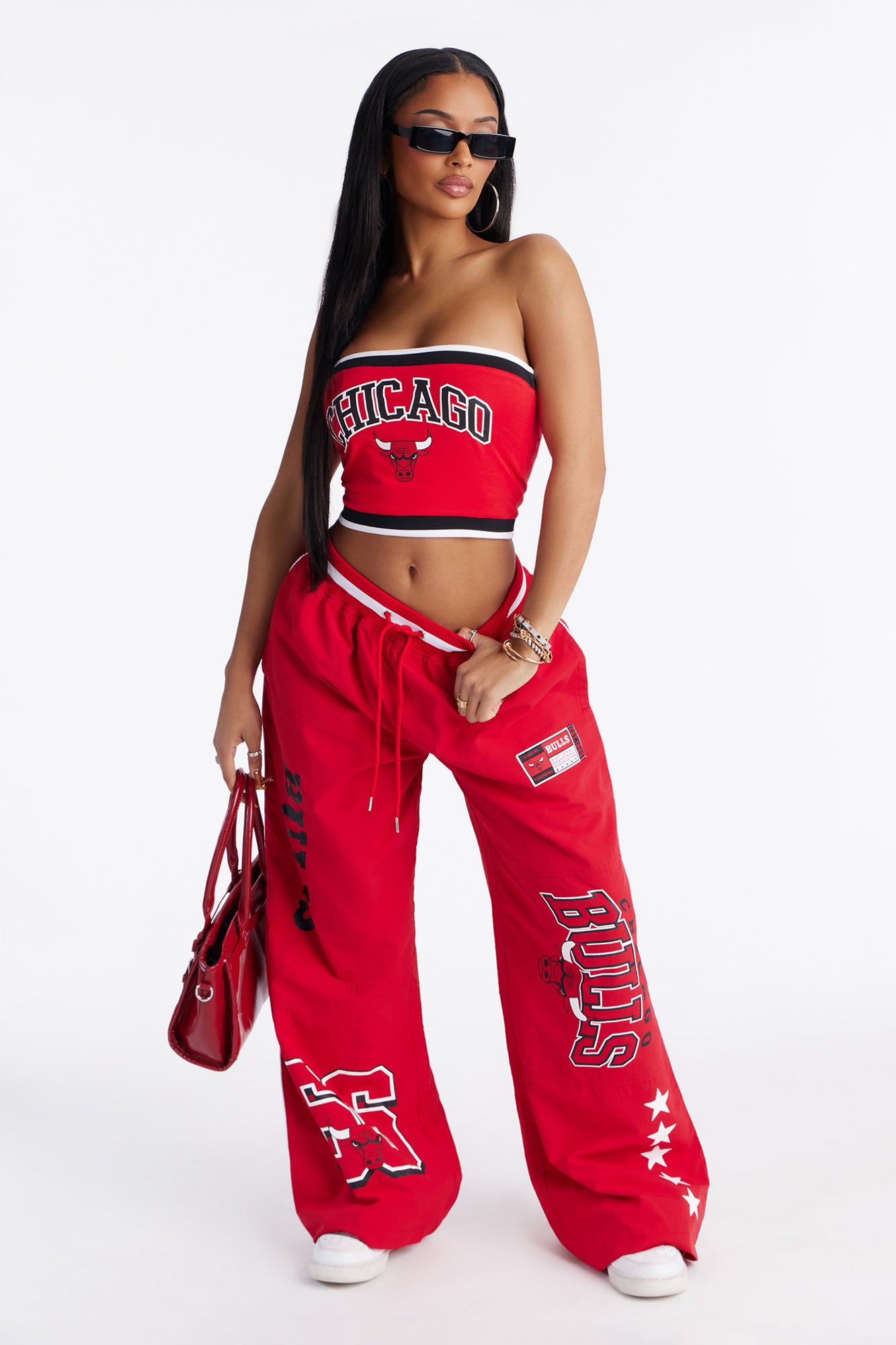 NBA Chicago Bulls Patchwork Cargo Wide Leg Pant - Red