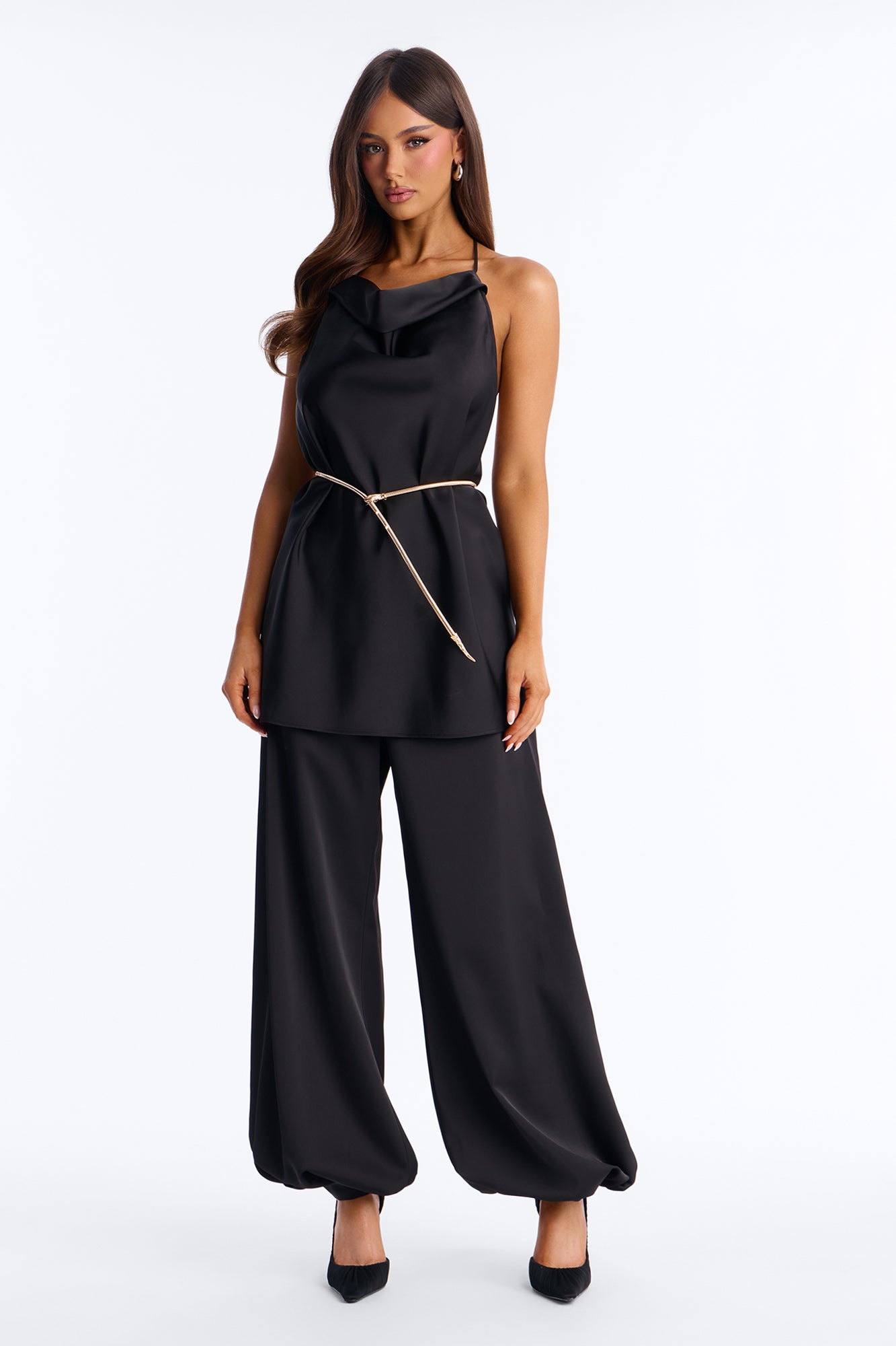 Malu Satin Halter Balloon Pant Set - Black